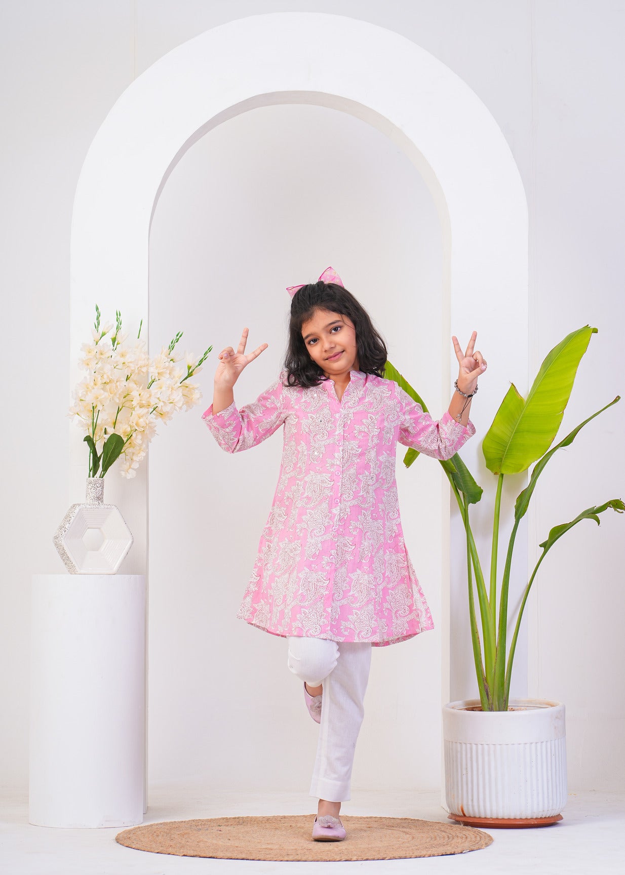 Pink With White Floral Printed Cotton Kurti