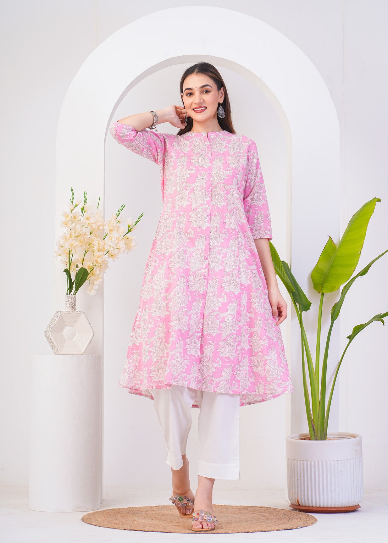 Pink With White Floral Printed Cotton Kurti