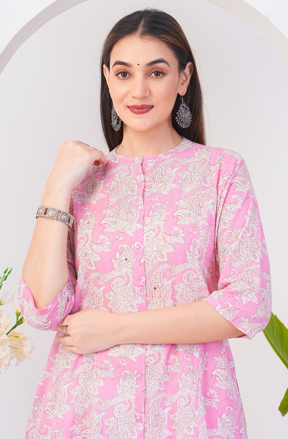 Pink With White Floral Printed Cotton Kurti