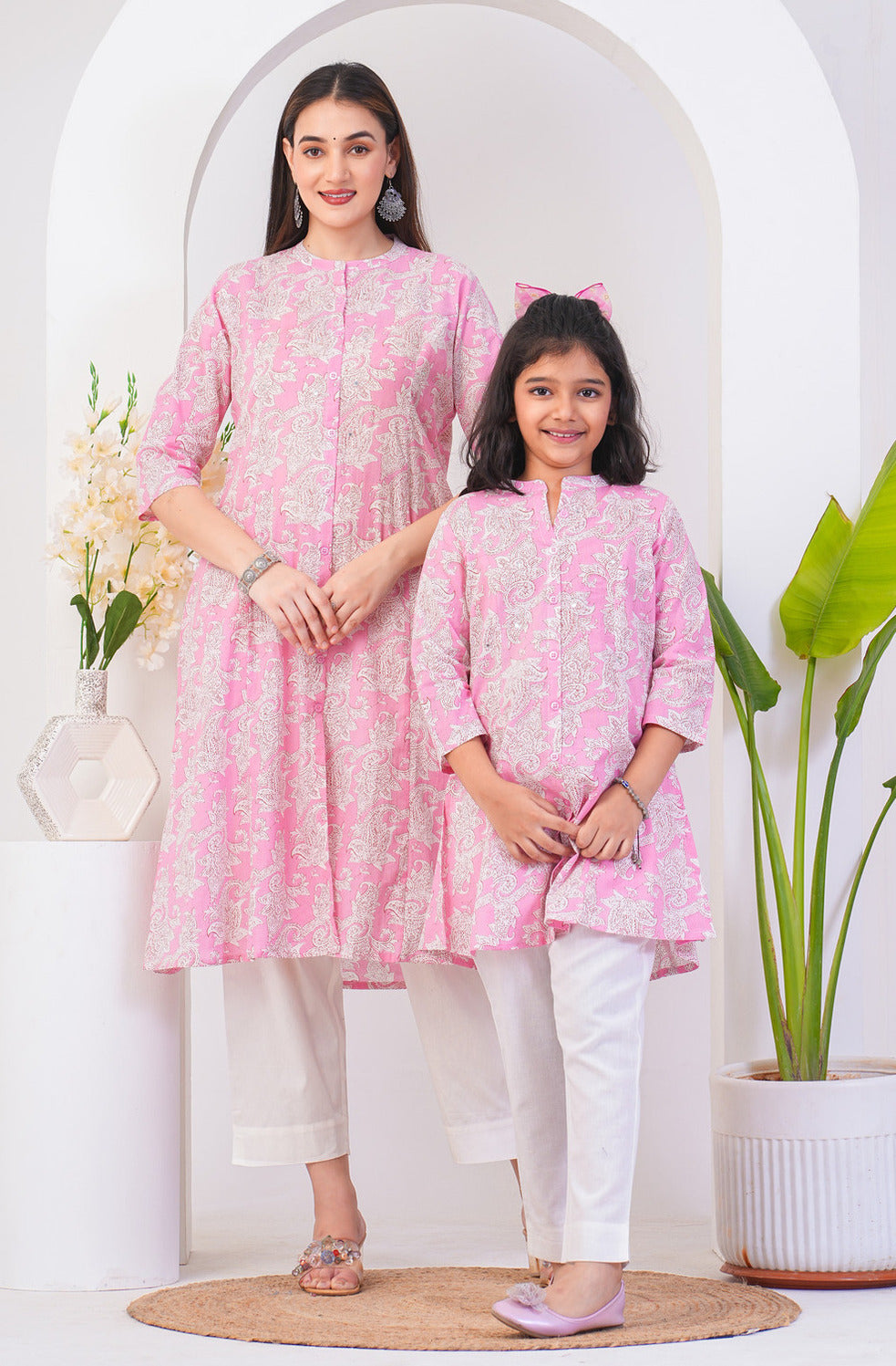 Pink With White Floral Printed Cotton Kurti