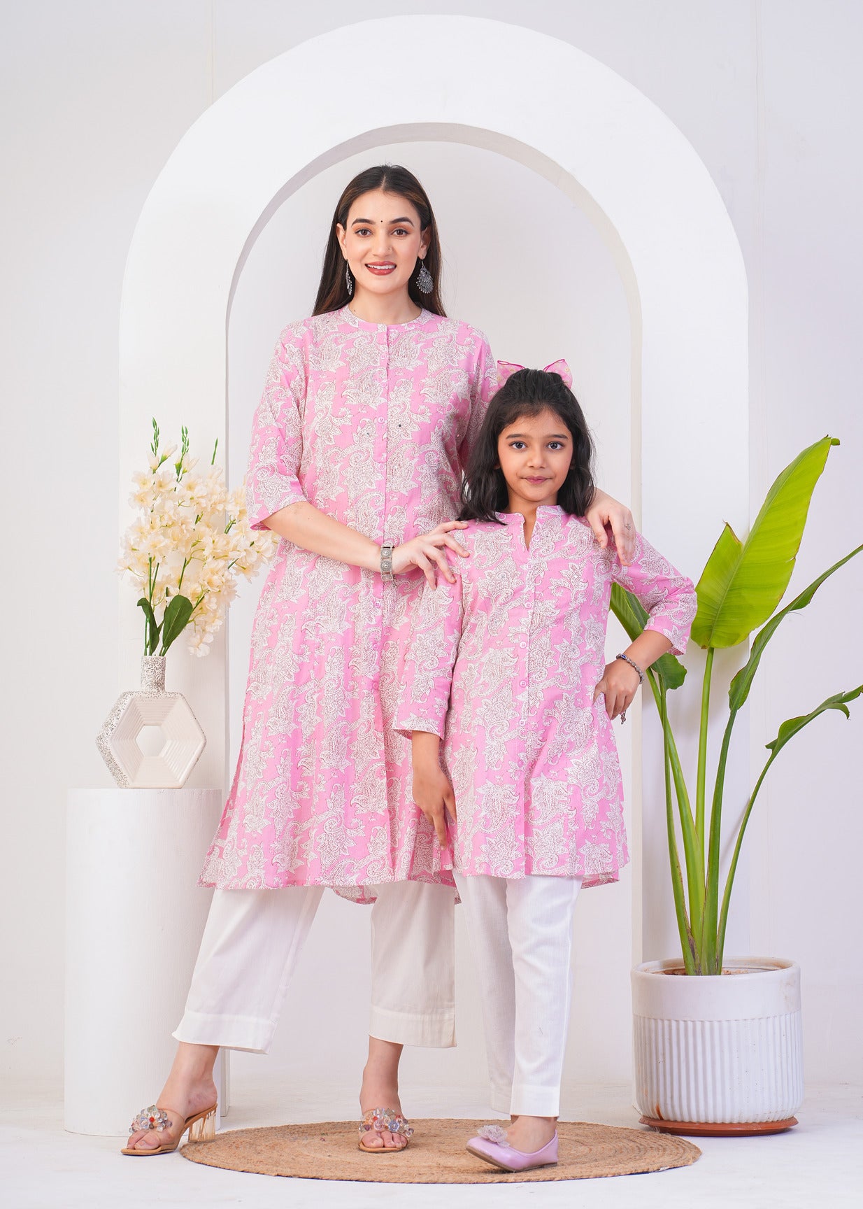 Pink With White Floral Printed Cotton Kurti