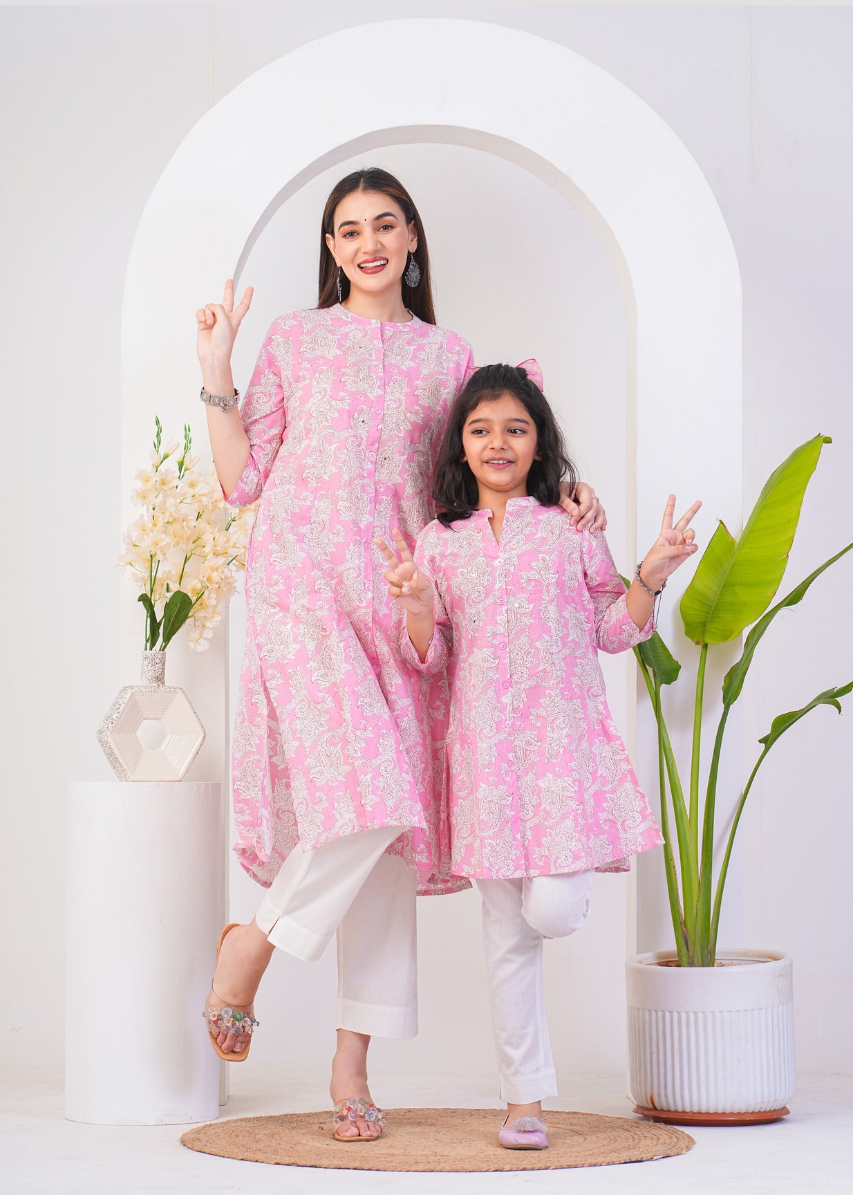 Pink With White Floral Printed Cotton Kurti