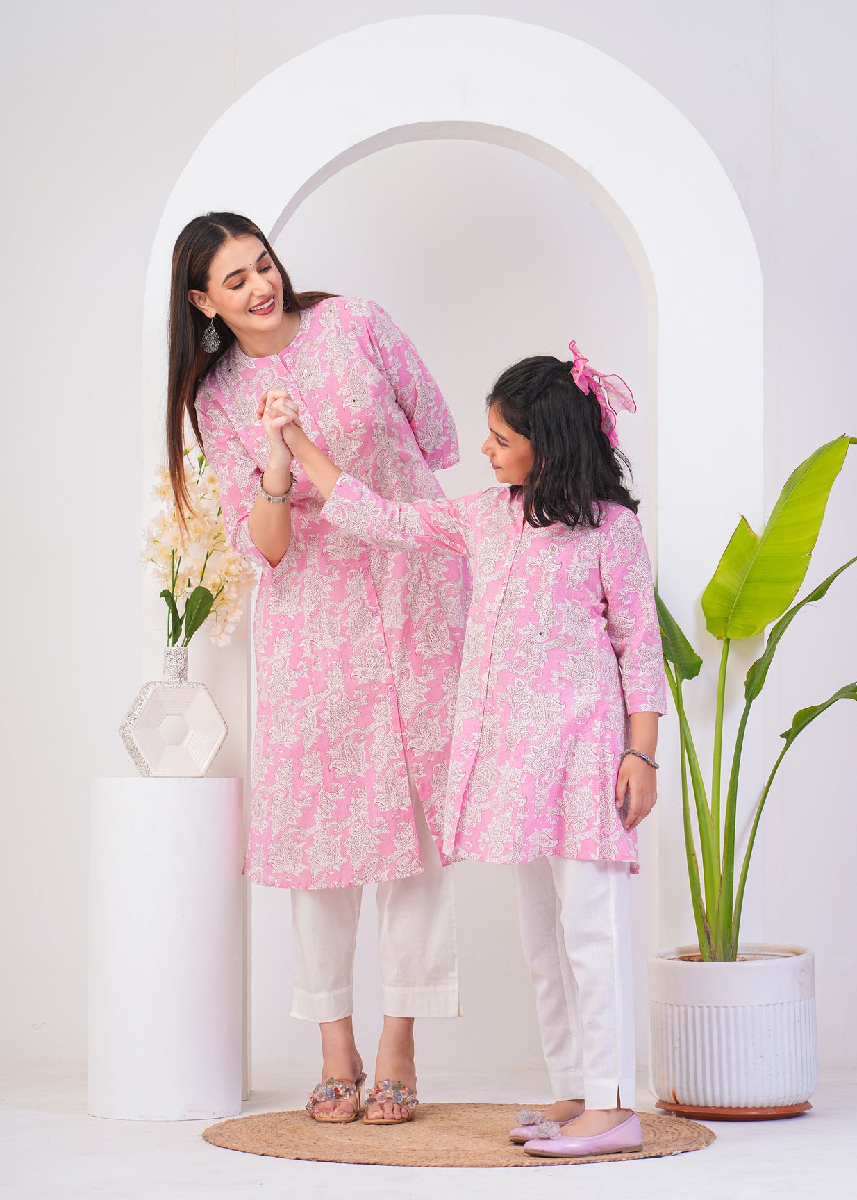 Pink With White Floral Printed Cotton Kurti