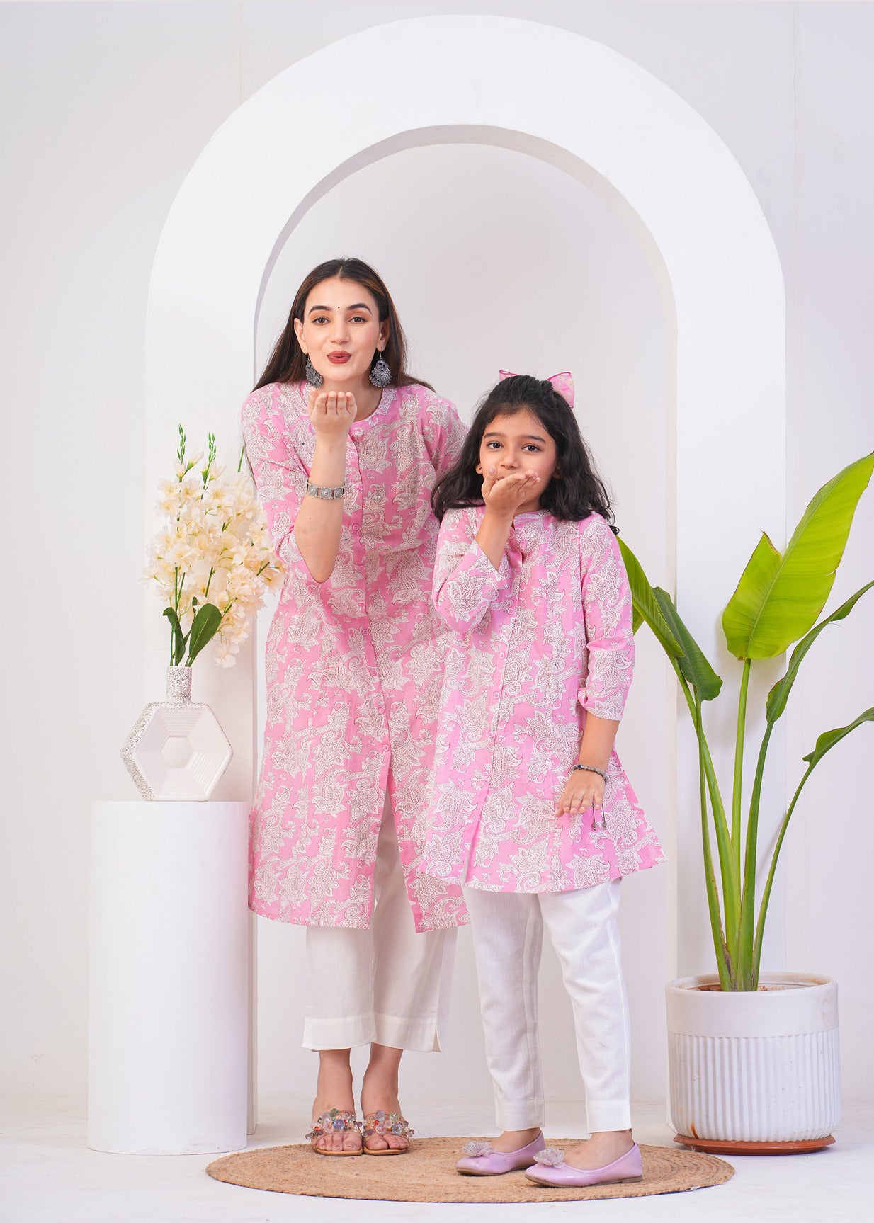 Pink With White Floral Printed Cotton Kurti