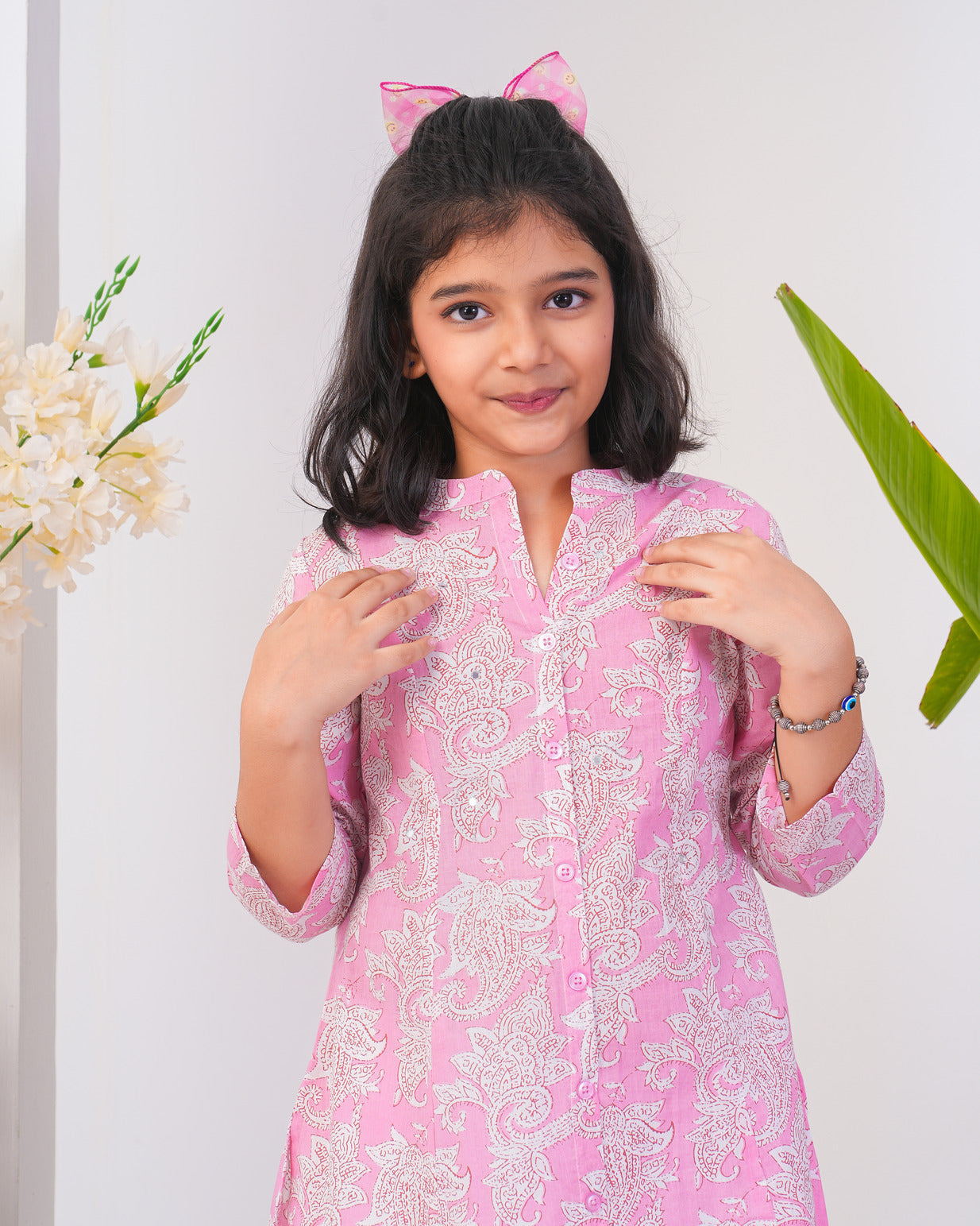 Pink With White Floral Printed Cotton Kurti