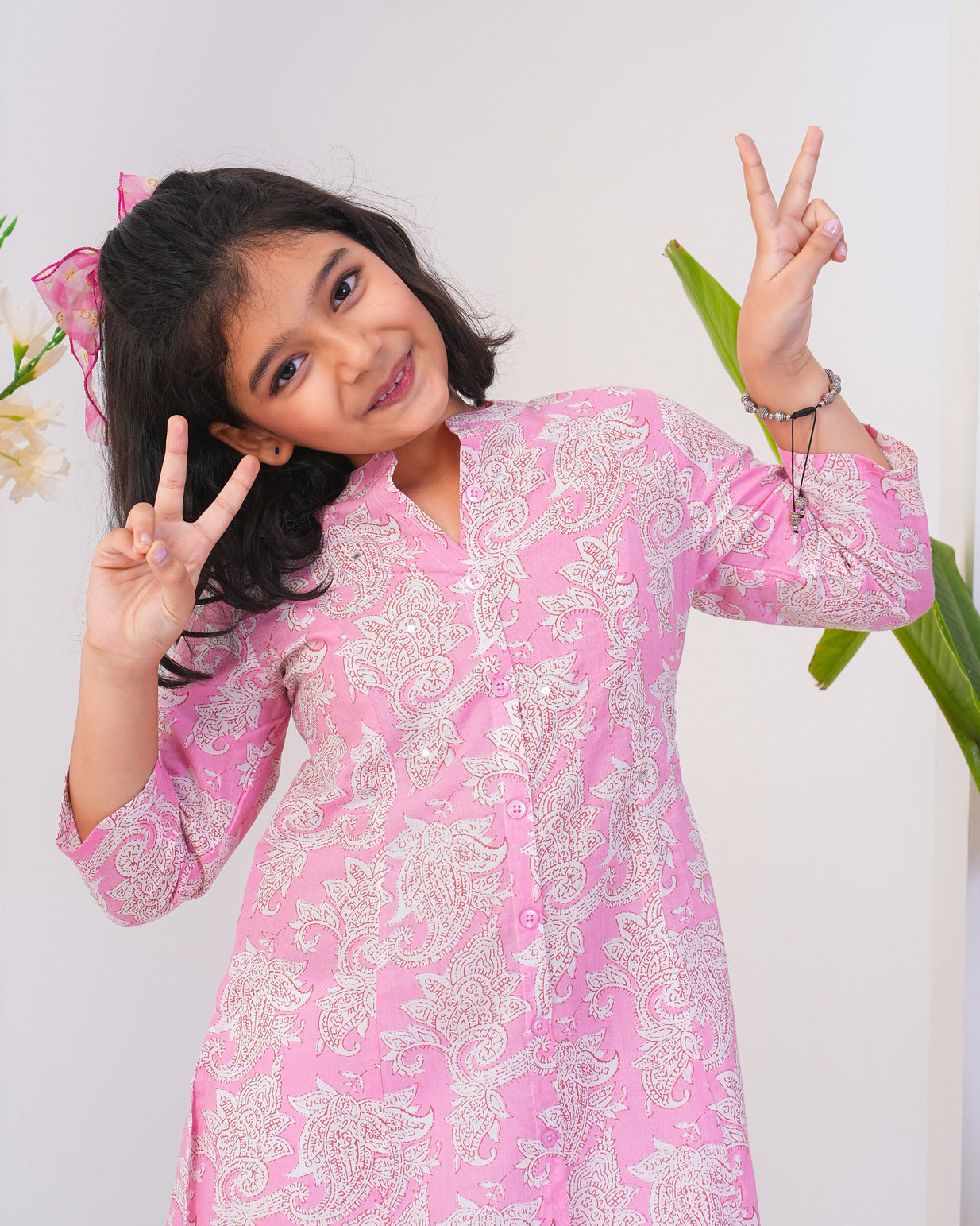 Pink With White Floral Printed Cotton Kurti