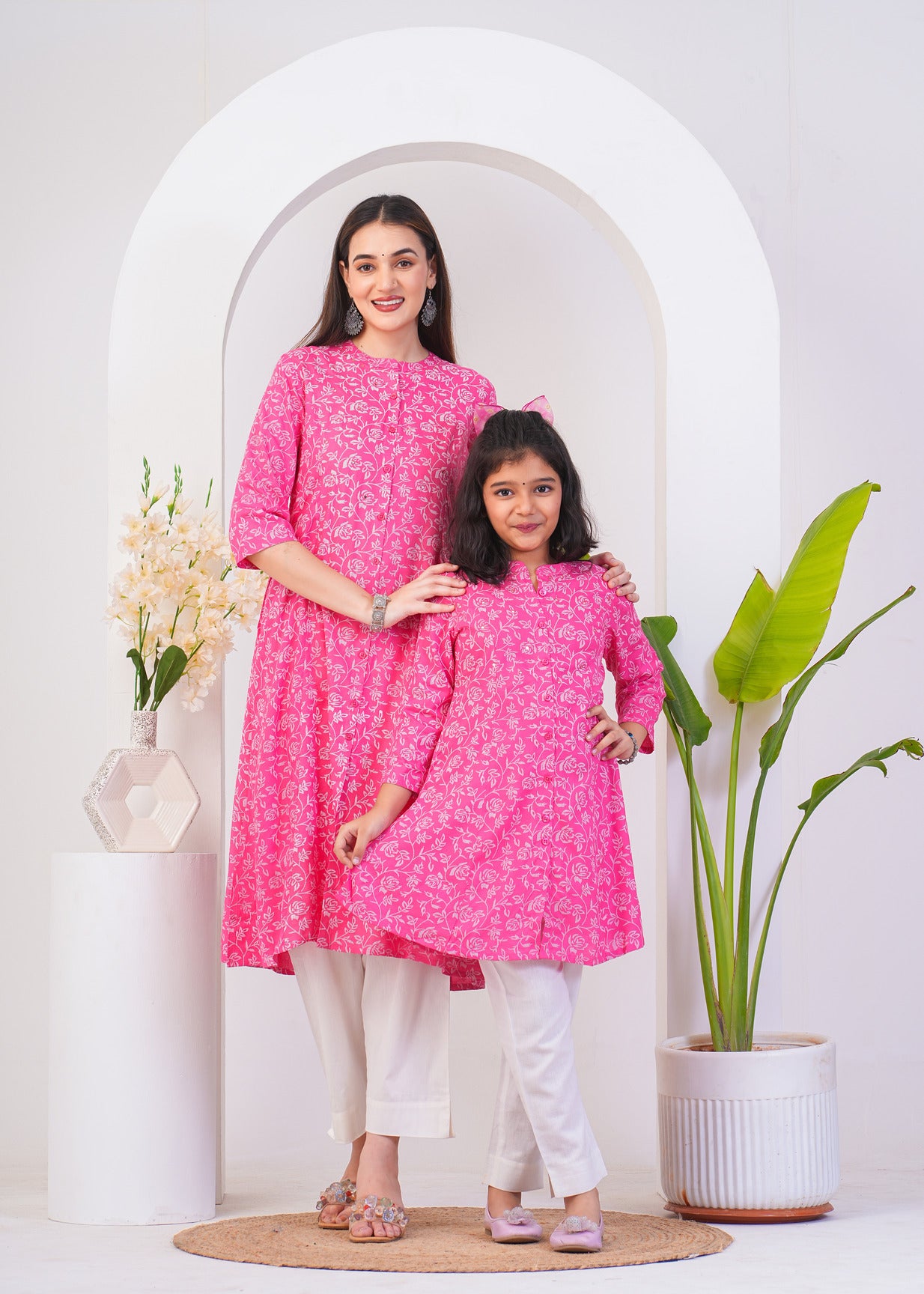 Pink With White Floral Print Rayon Fabric Kurti