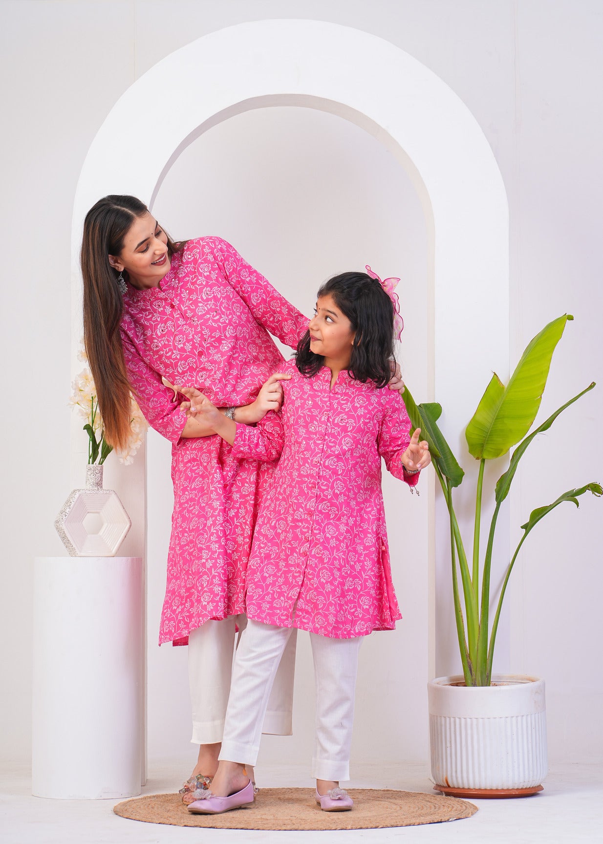 Pink With White Floral Print Rayon Fabric Kurti