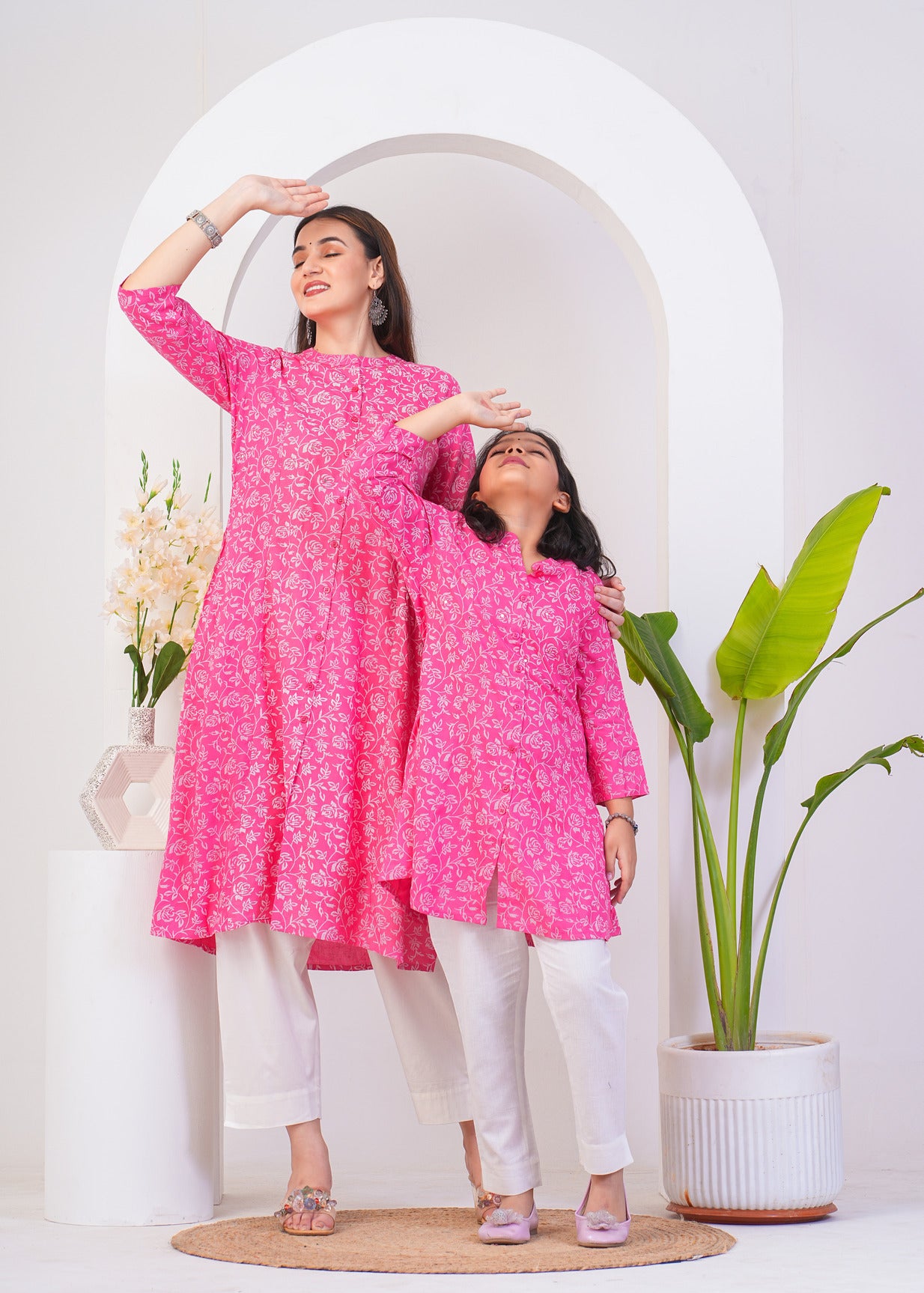 Pink With White Floral Print Rayon Fabric Kurti