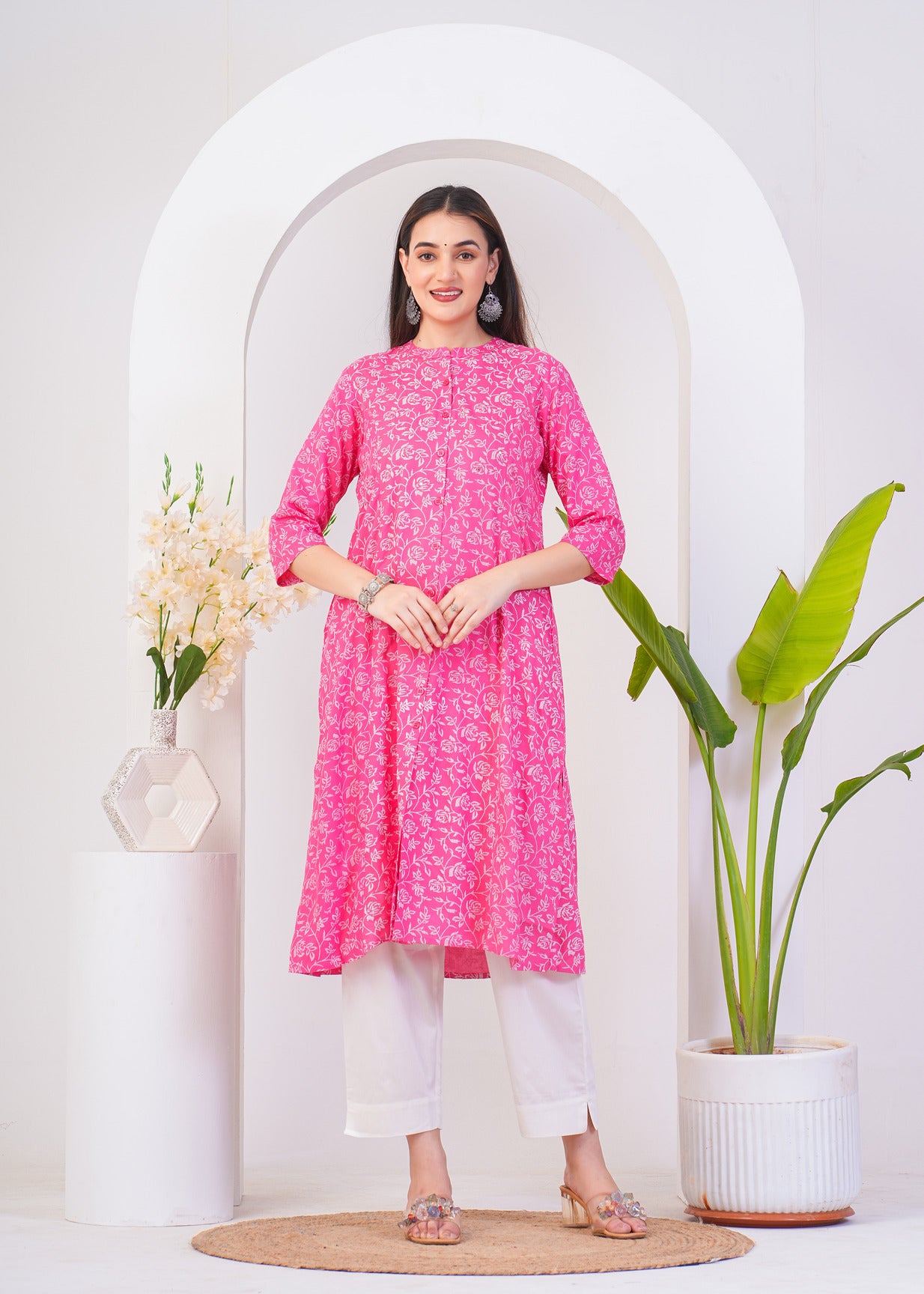 Pink With White Floral Print Rayon Fabric Kurti