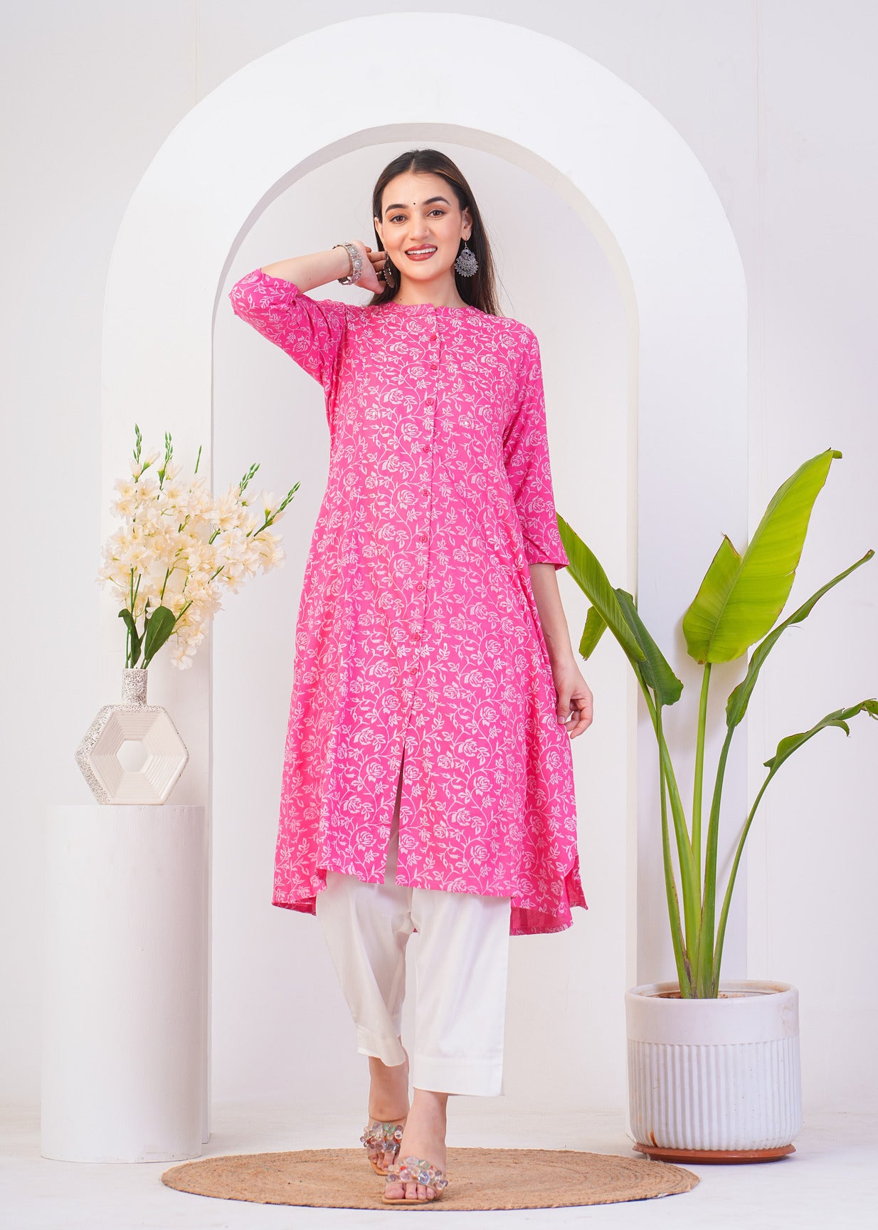 Pink With White Floral Print Rayon Fabric Kurti