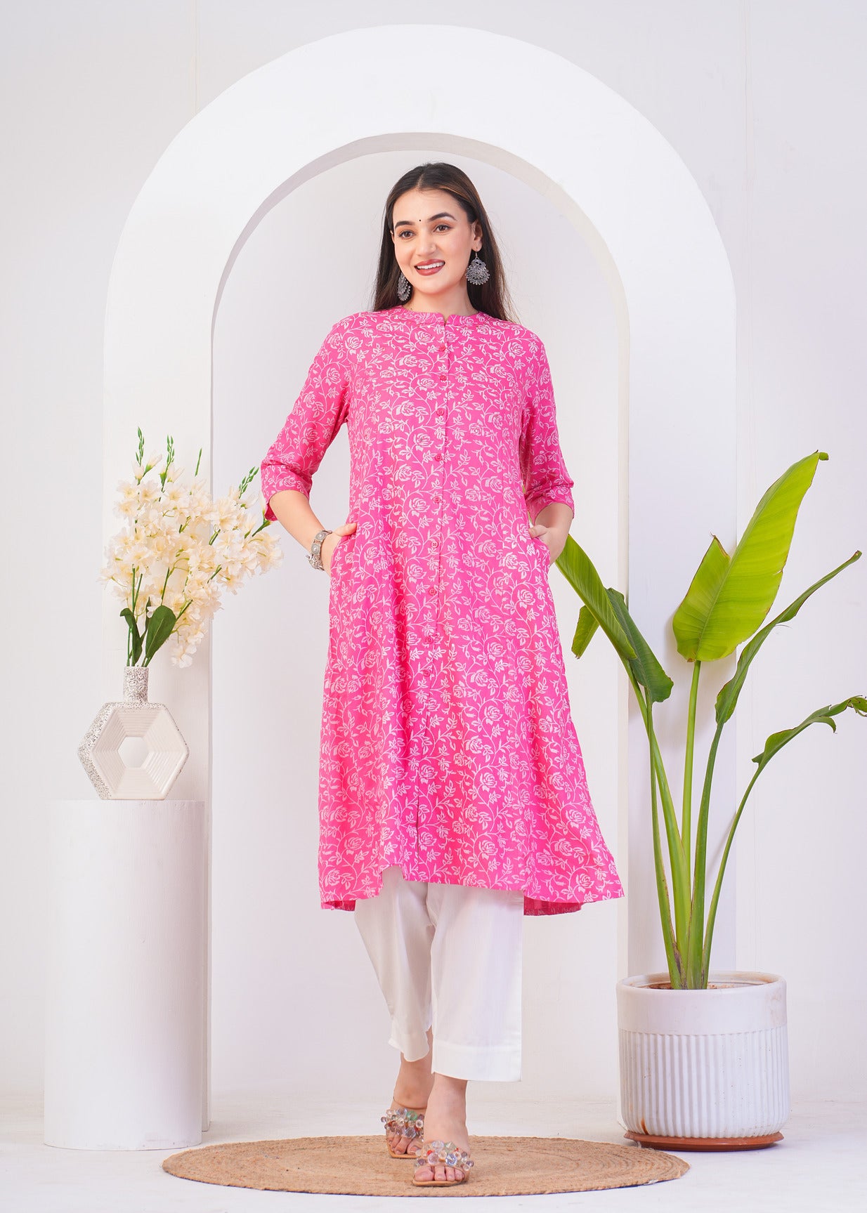 Pink With White Floral Print Rayon Fabric Kurti