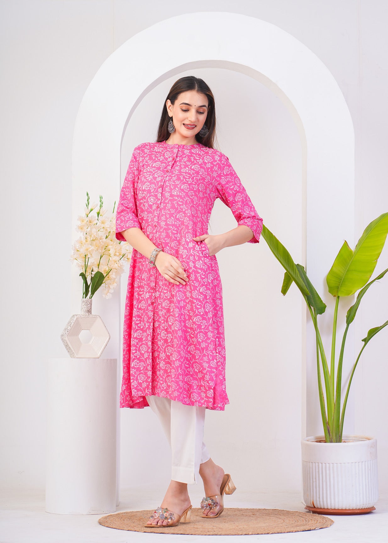 Pink With White Floral Print Rayon Fabric Kurti