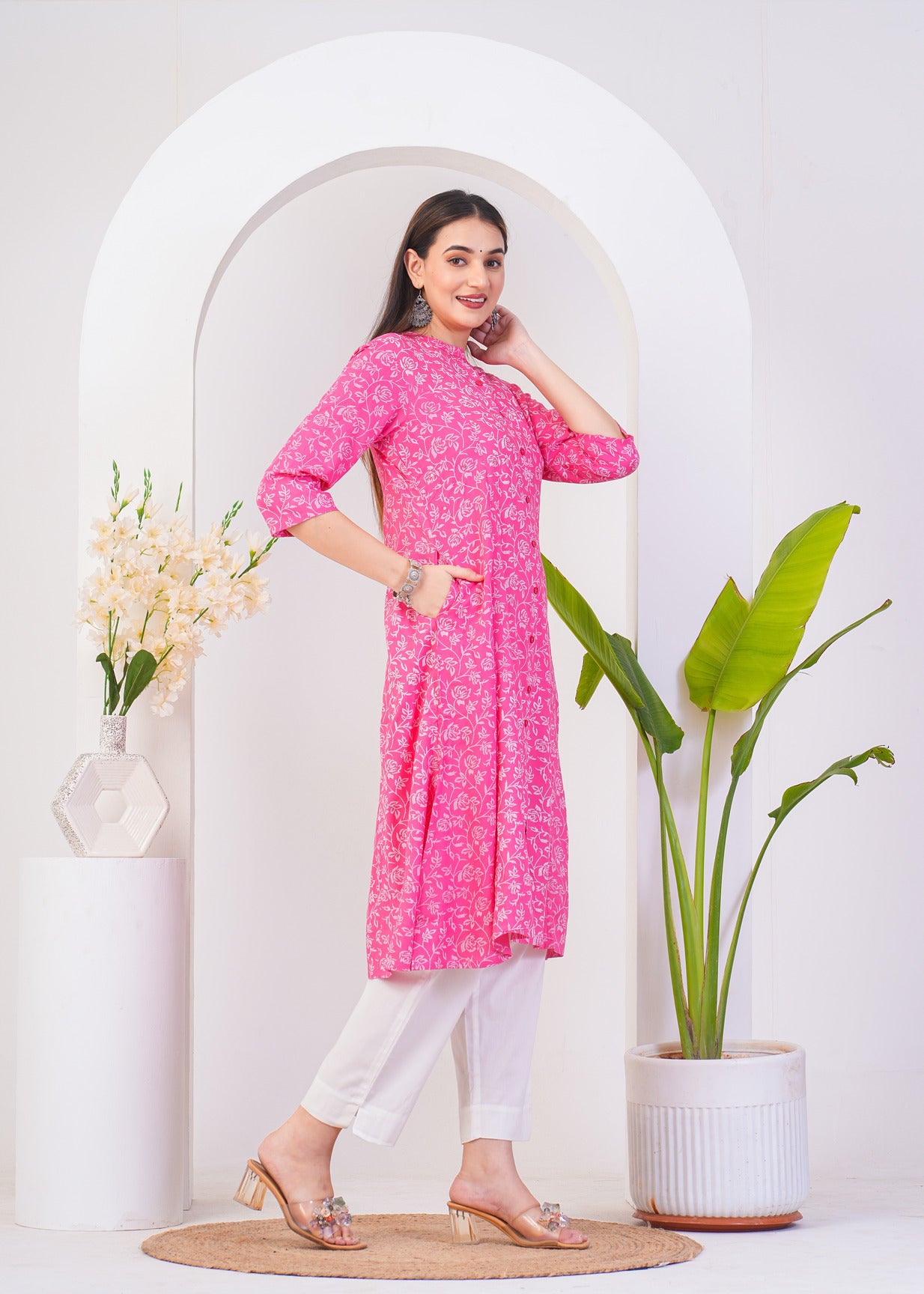 Pink With White Floral Print Rayon Fabric Kurti