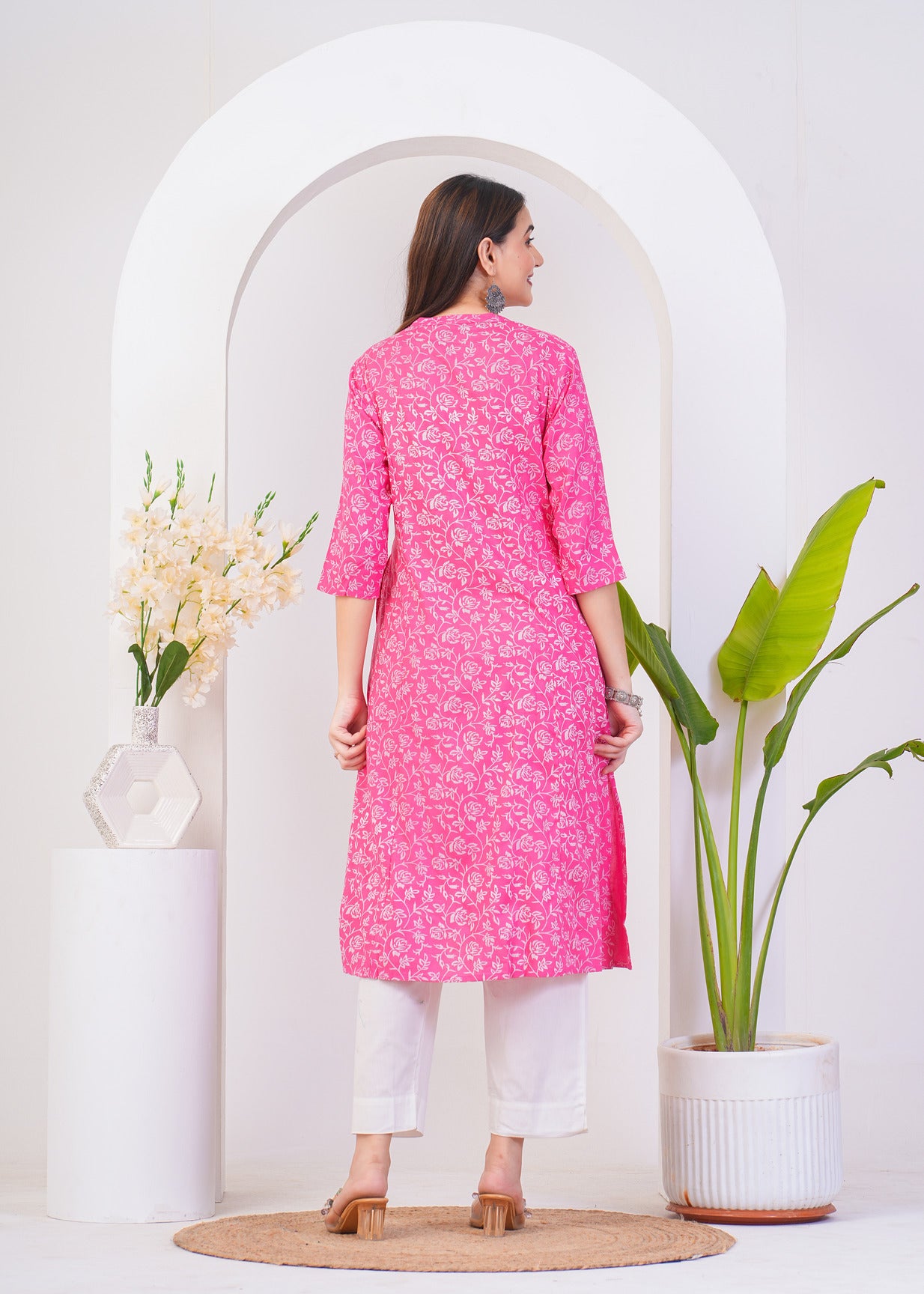 Pink With White Floral Print Rayon Fabric Kurti