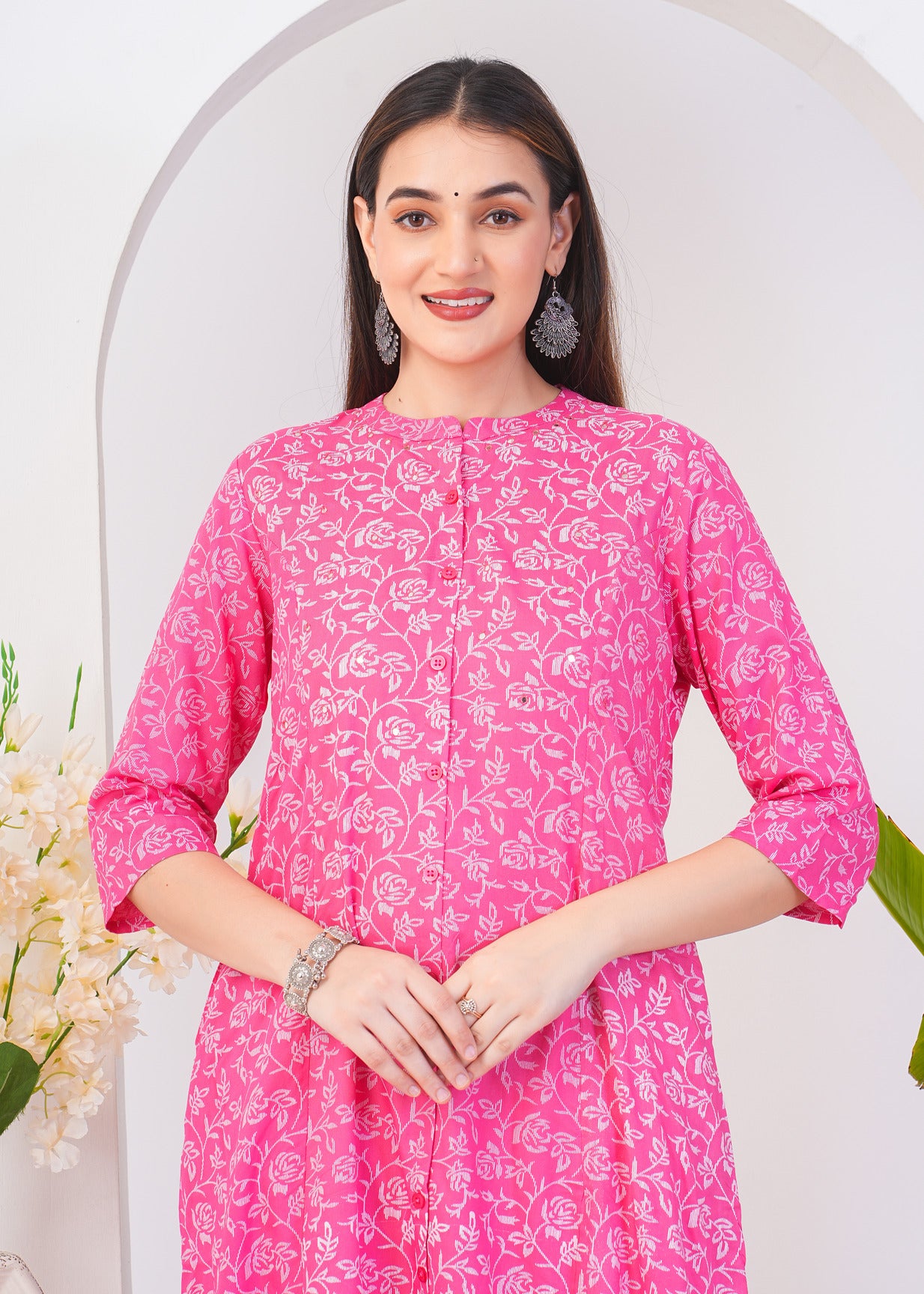 Pink With White Floral Print Rayon Fabric Kurti