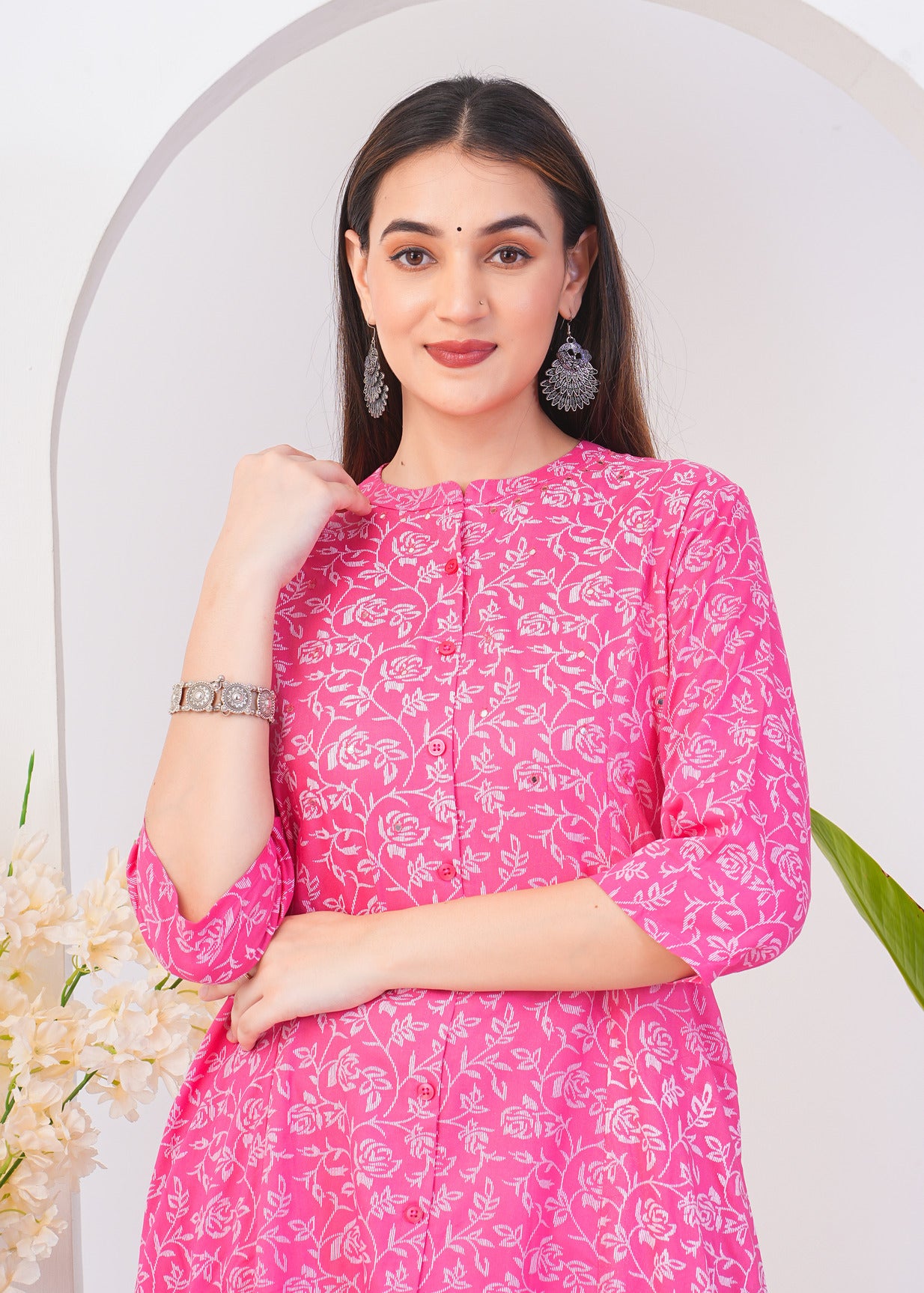 Pink With White Floral Print Rayon Fabric Kurti