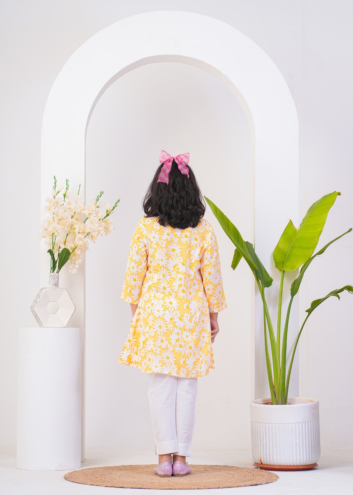 Yellow With White Floral Printed Cotton Kurti