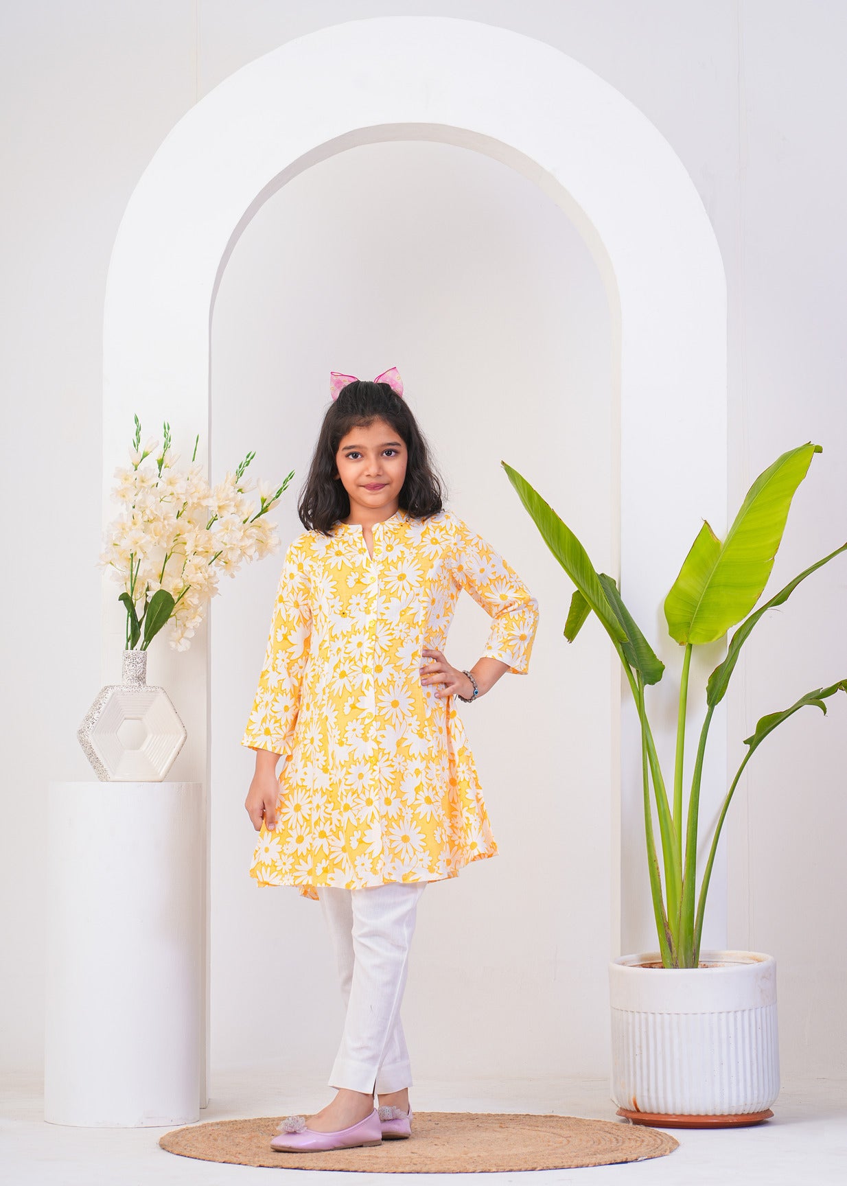 Yellow With White Floral Printed Cotton Kurti