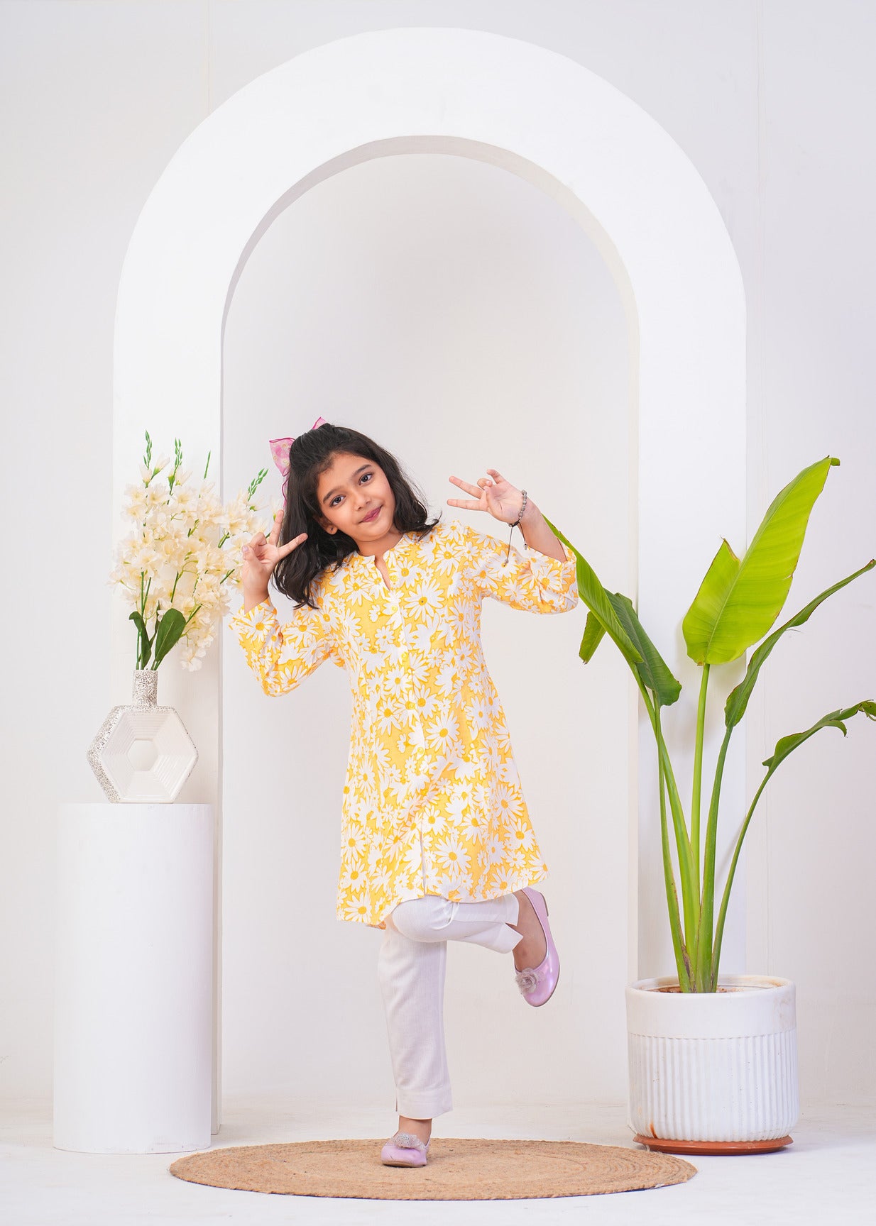 Yellow With White Floral Printed Cotton Kurti