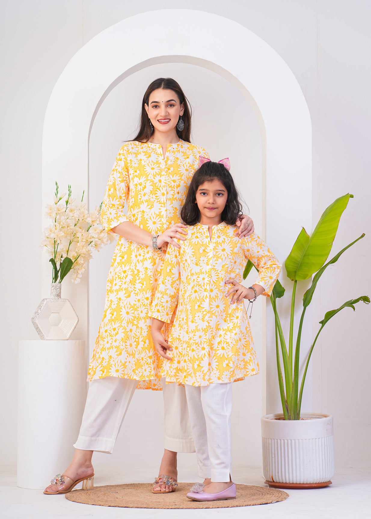 Yellow With White Floral Printed Cotton Kurti