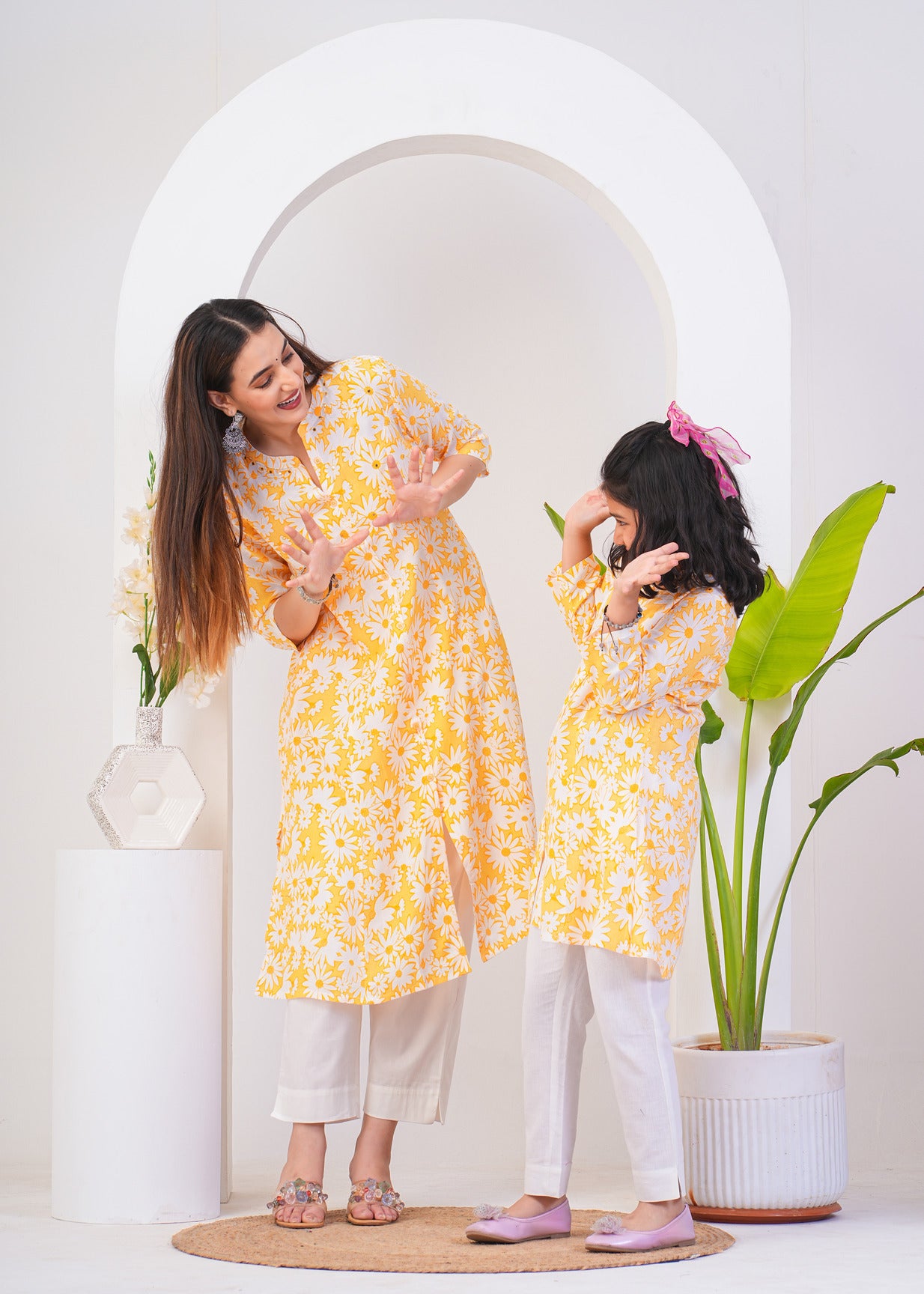 Yellow With White Floral Printed Cotton Kurti