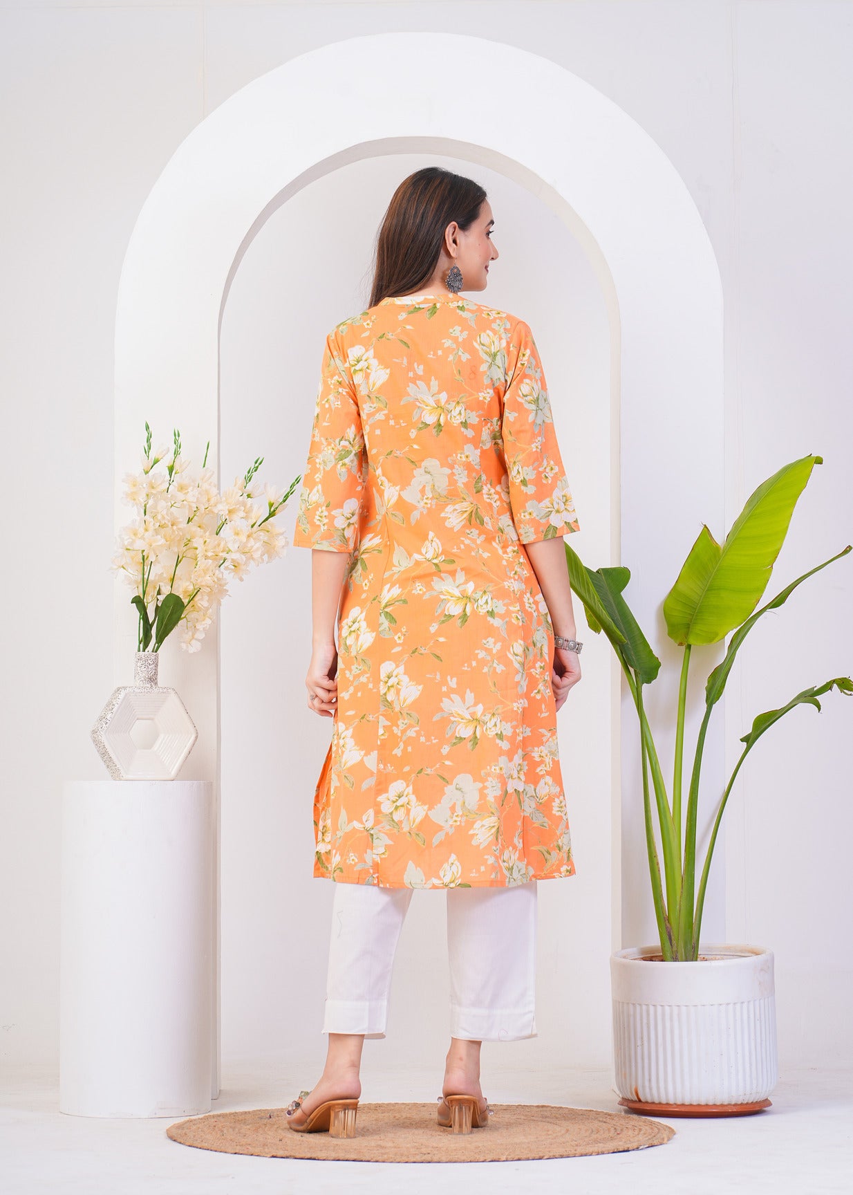 Orange With White Floral Printed Cotton Kurti