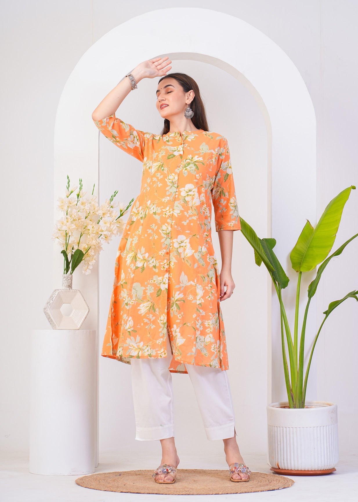 Orange With White Floral Printed Cotton Kurti