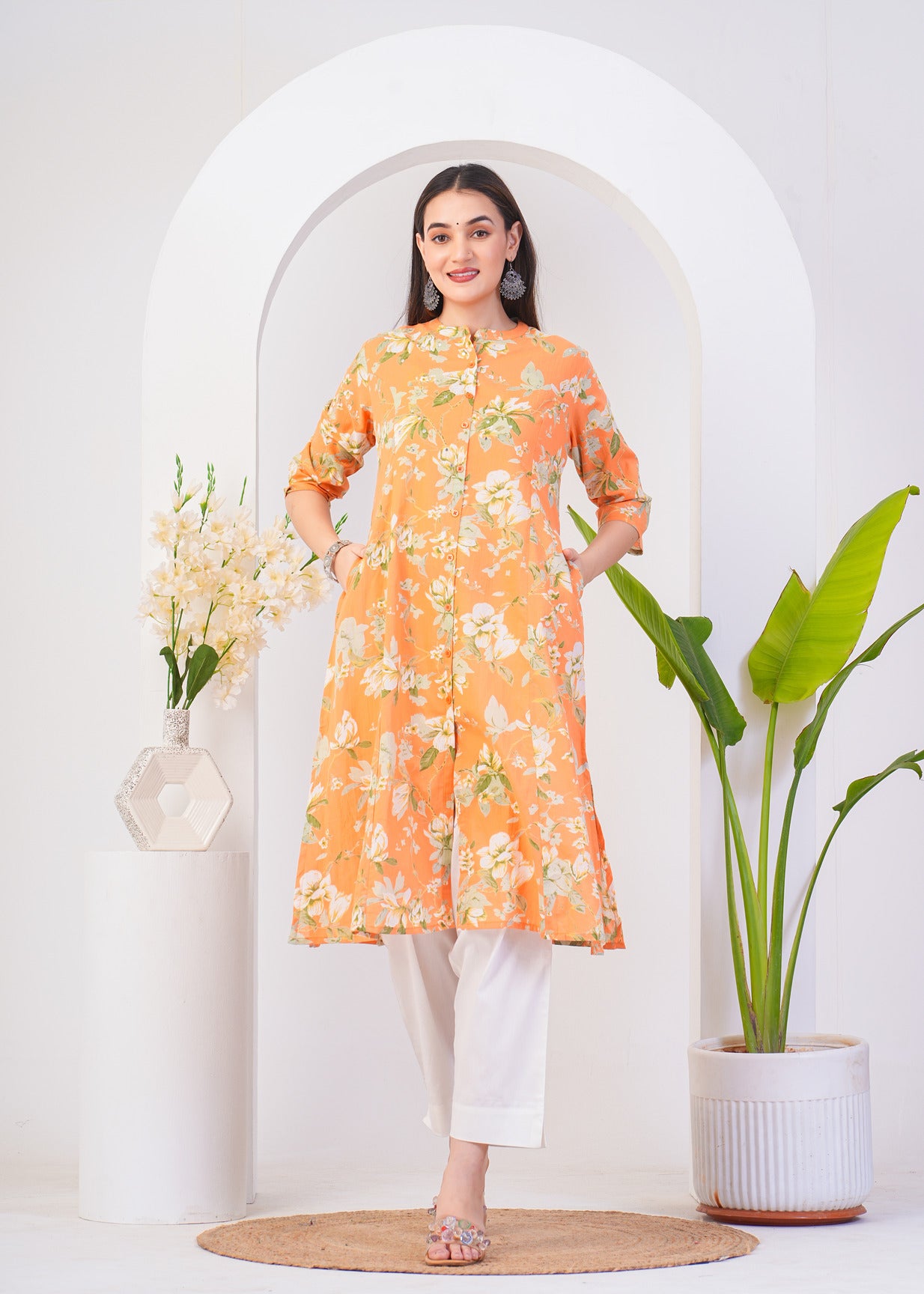 Orange With White Floral Printed Cotton Kurti