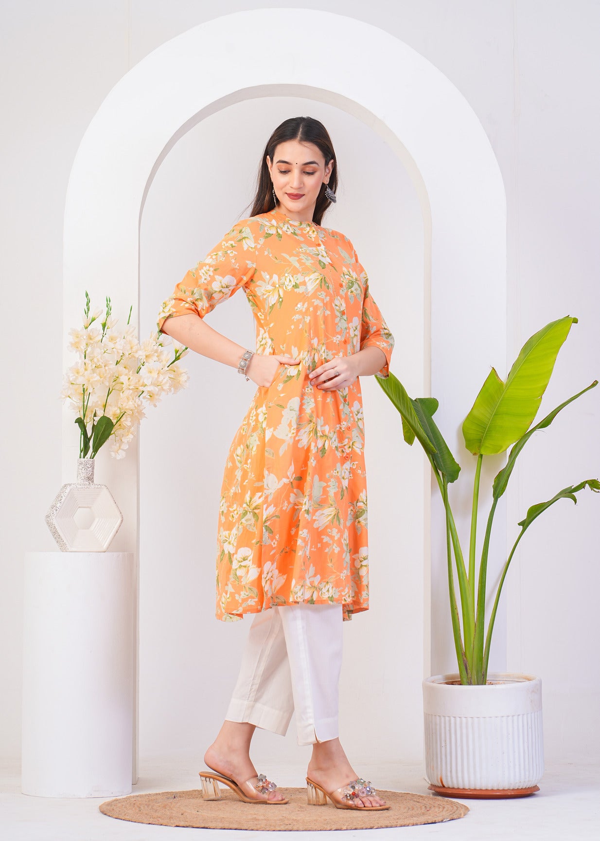 Orange With White Floral Printed Cotton Kurti