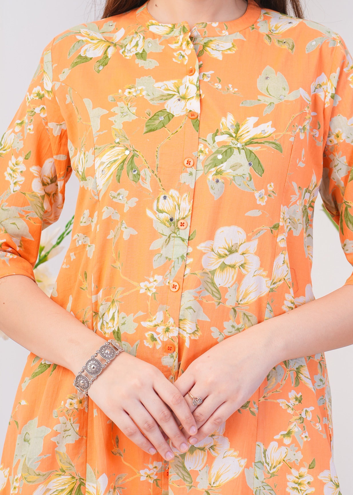 Orange With White Floral Printed Cotton Kurti