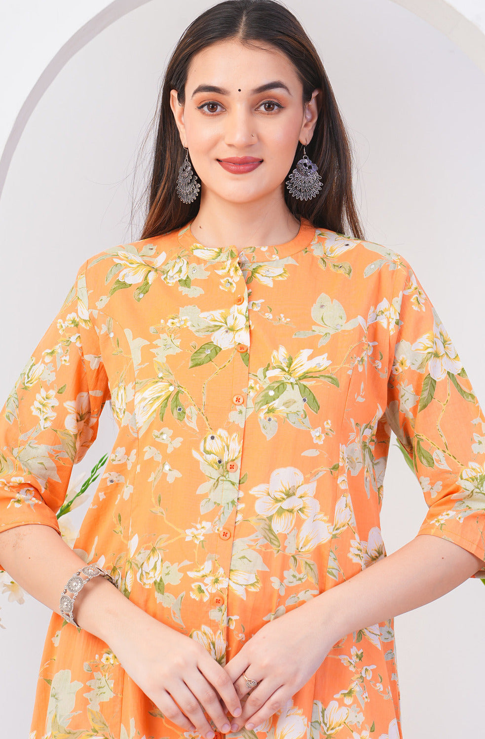 Orange With White Floral Printed Cotton Kurti