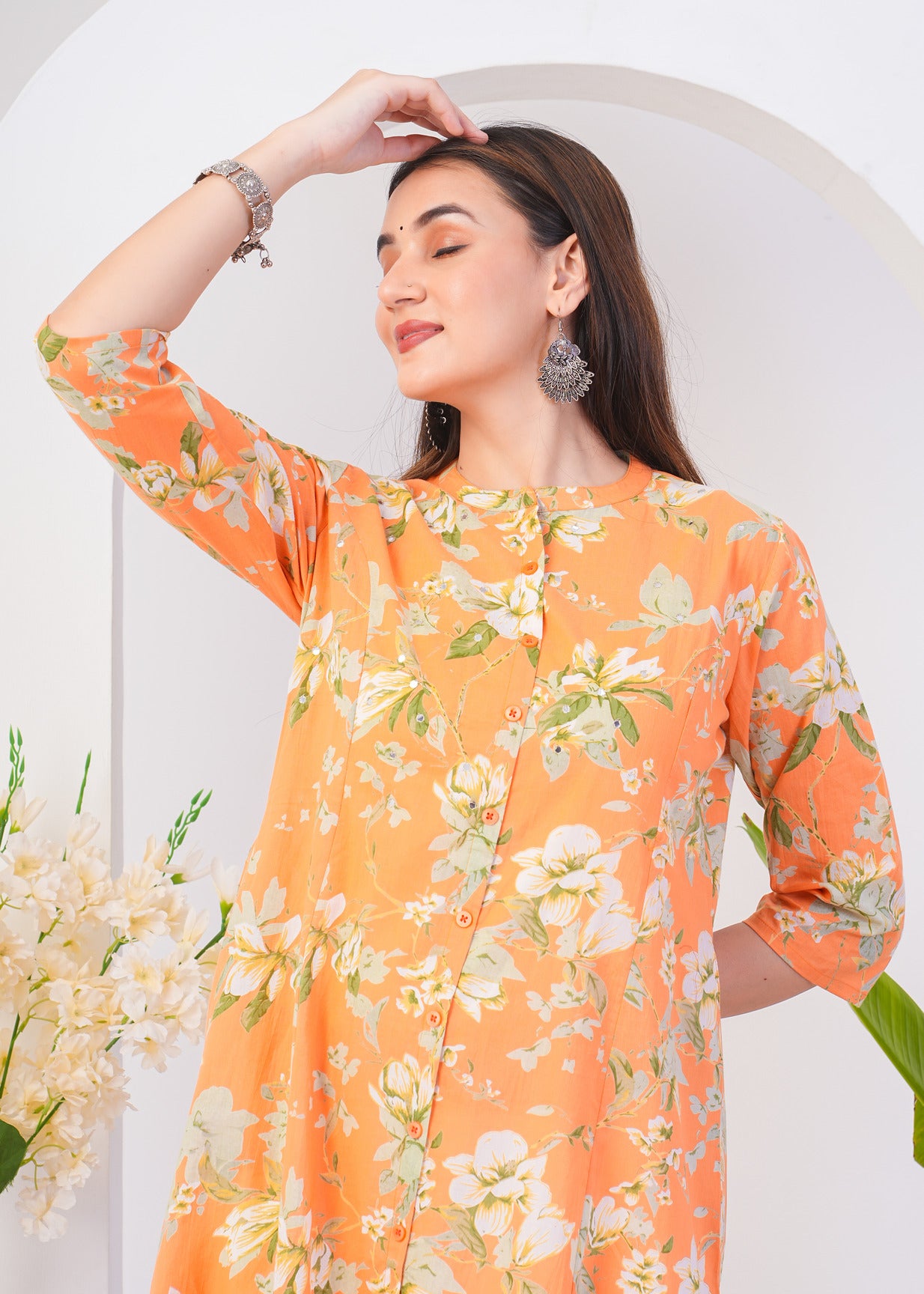 Orange With White Floral Printed Cotton Kurti