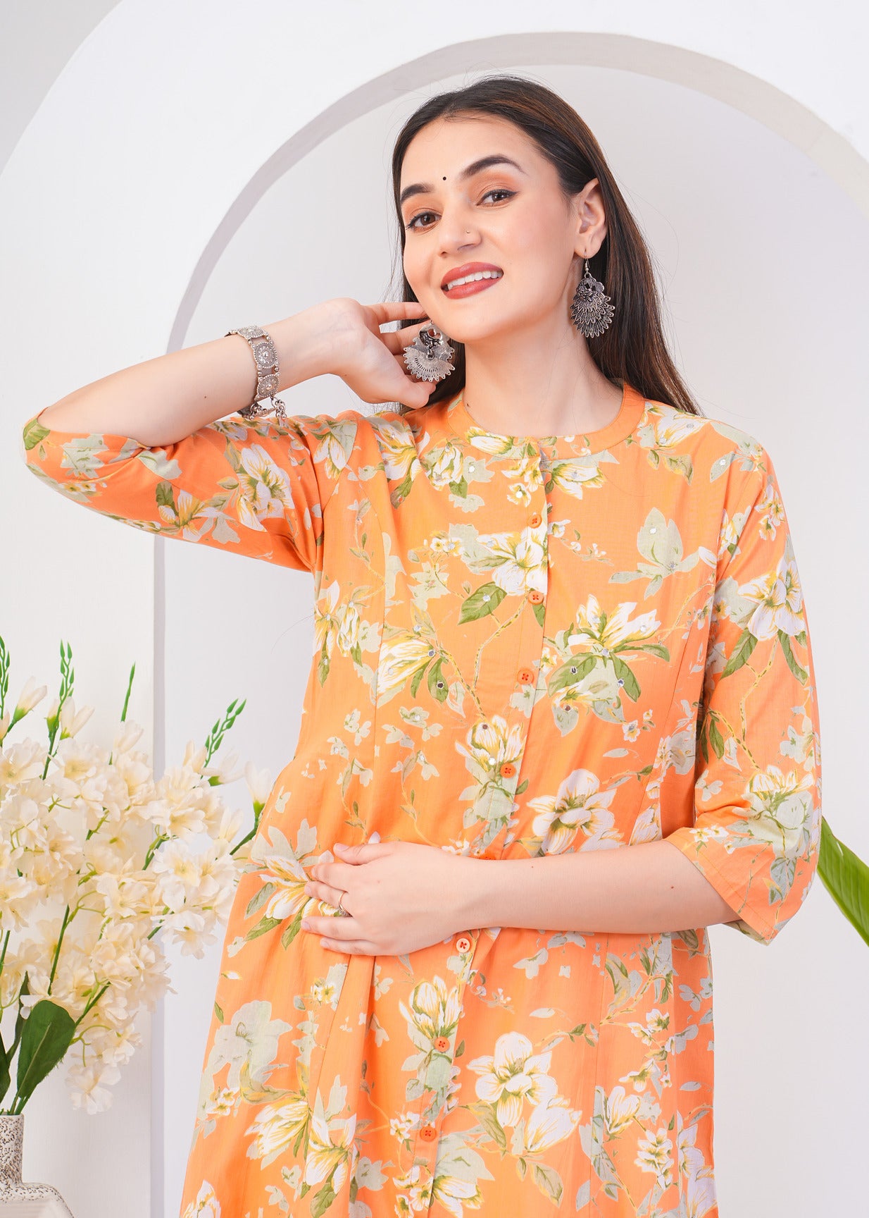 Orange With White Floral Printed Cotton Kurti