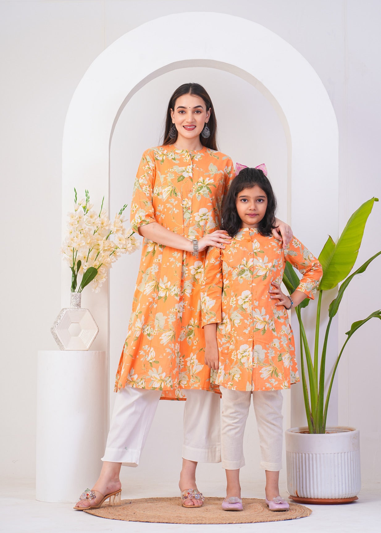 Orange With White Floral Printed Cotton Kurti