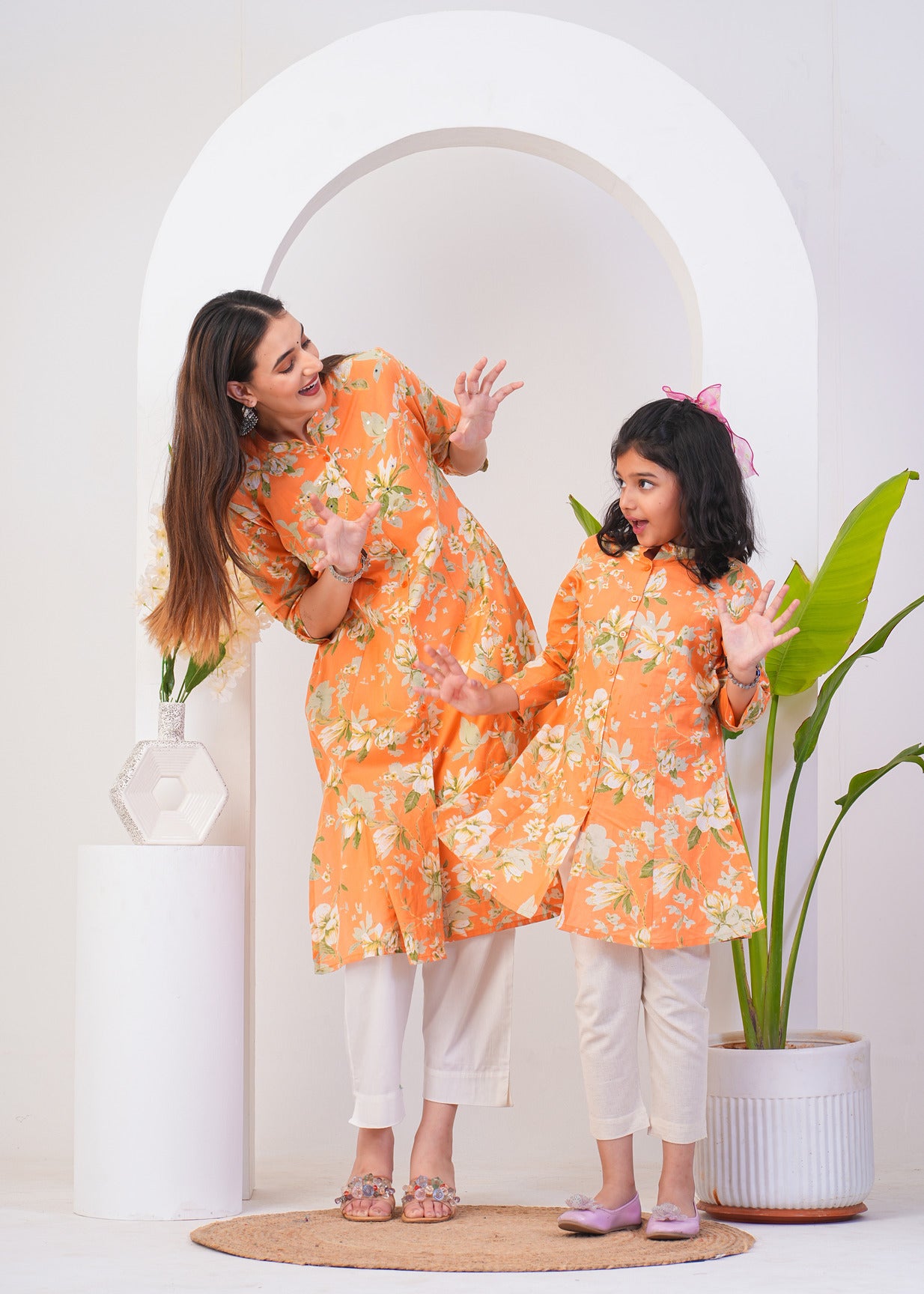 Orange With White Floral Printed Cotton Kurti