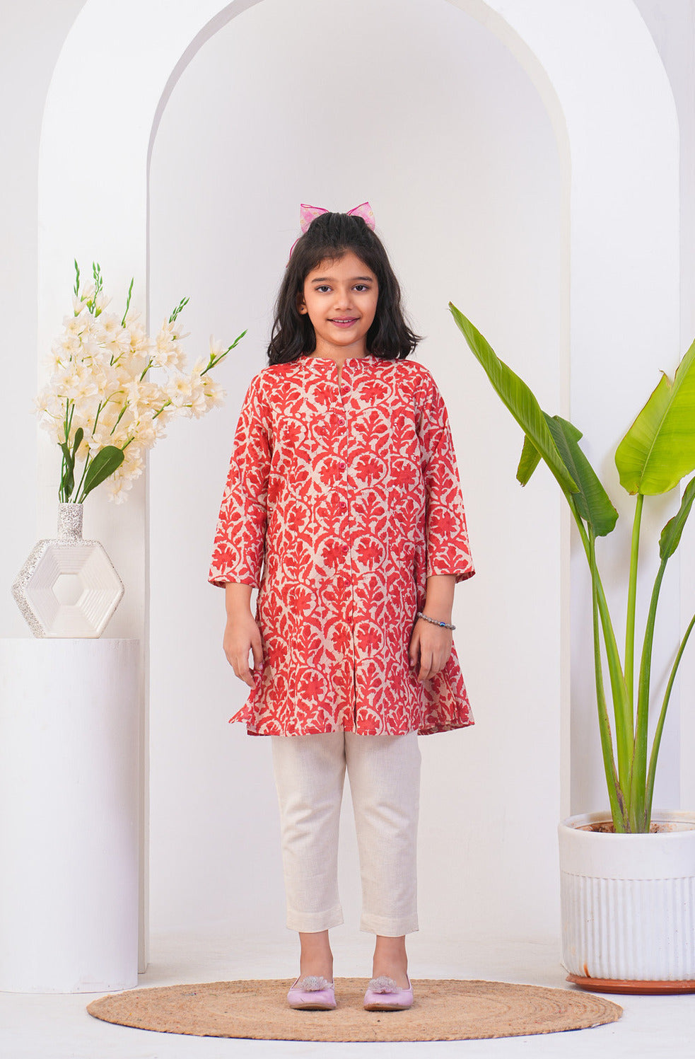 Red With Beige Cotton Fabric Kurti