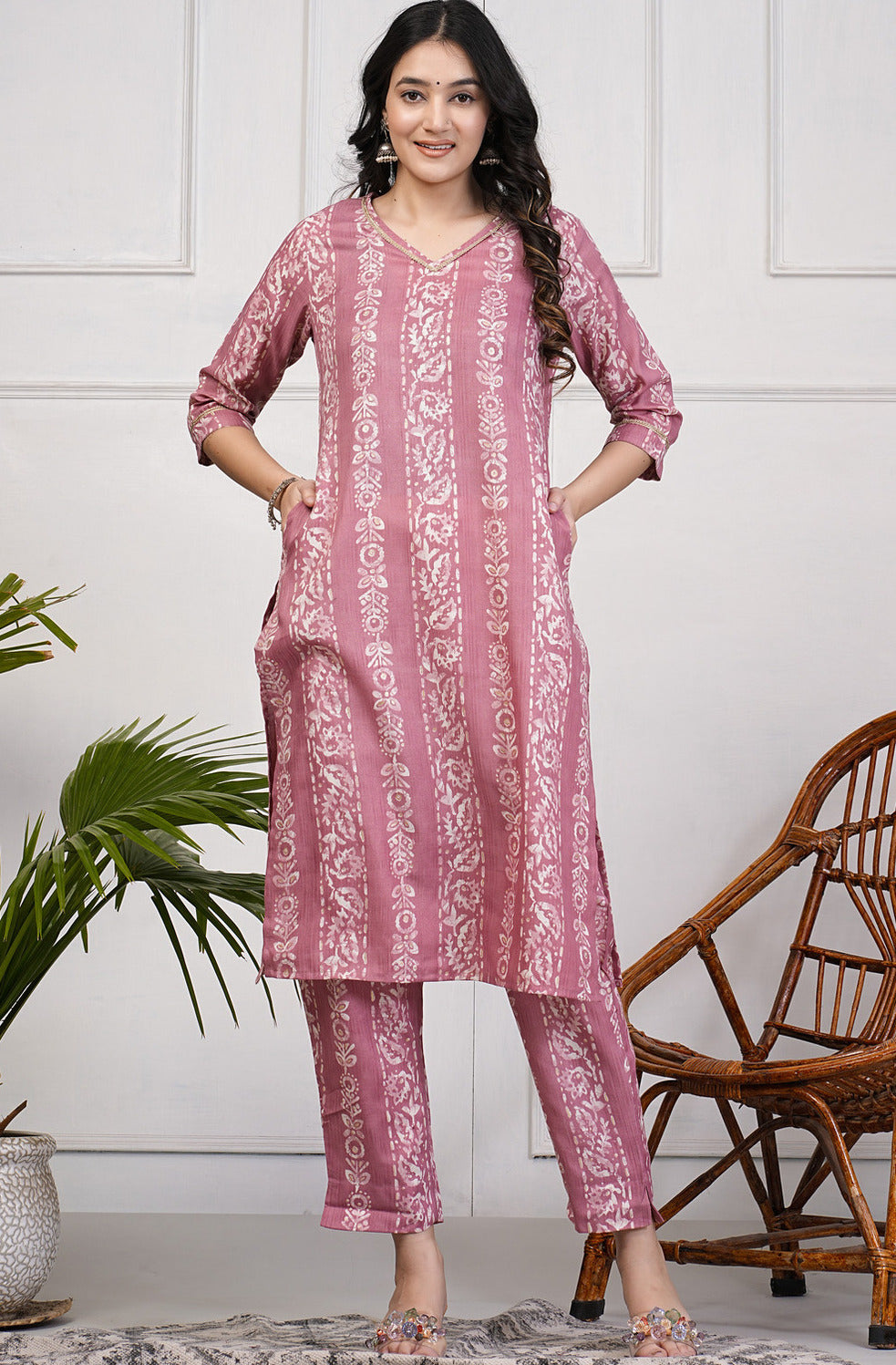 Dark Peach With Floral Printed Rayon Fabric Kurti Set