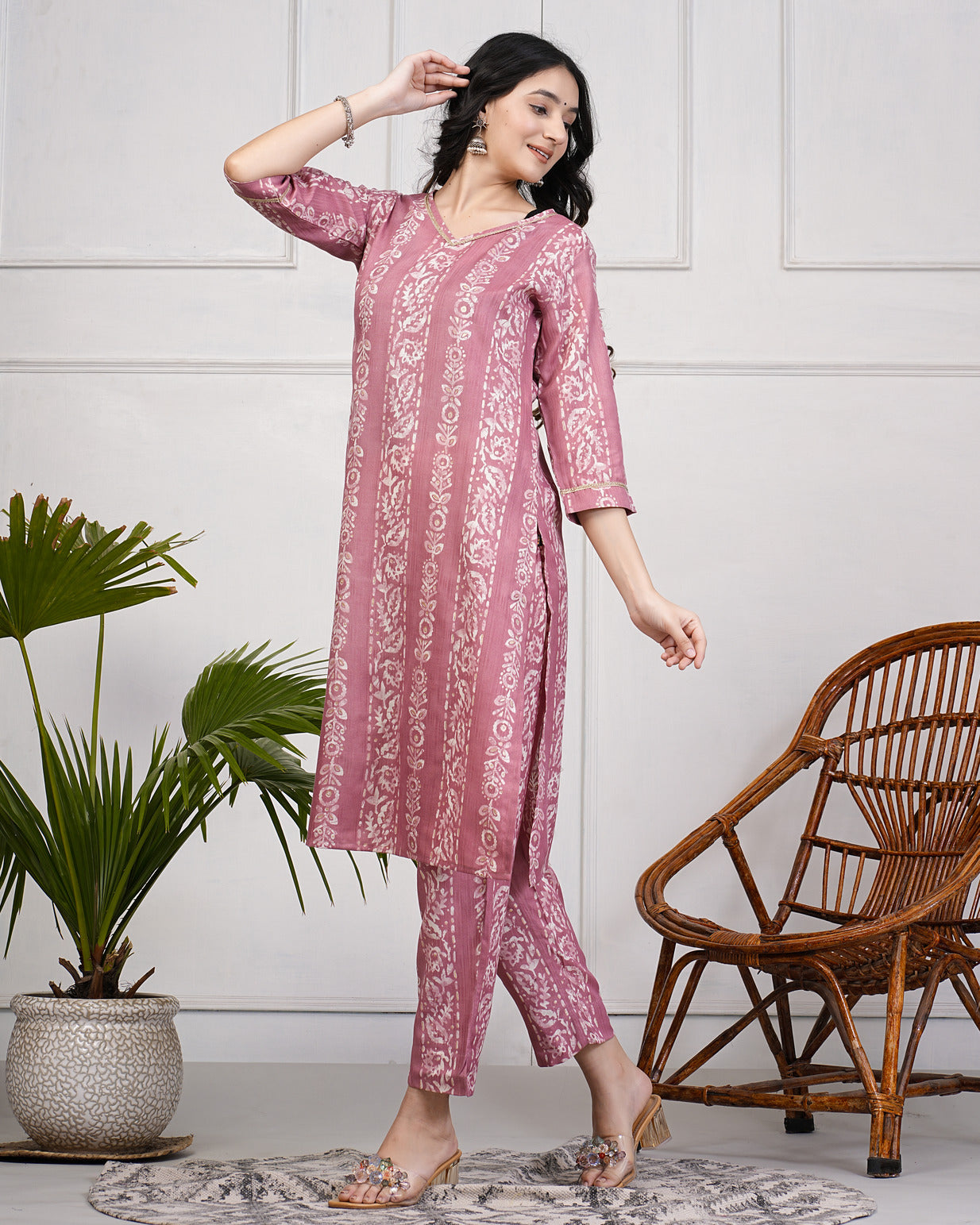 Dark Peach With Floral Printed Rayon Fabric Kurti Set