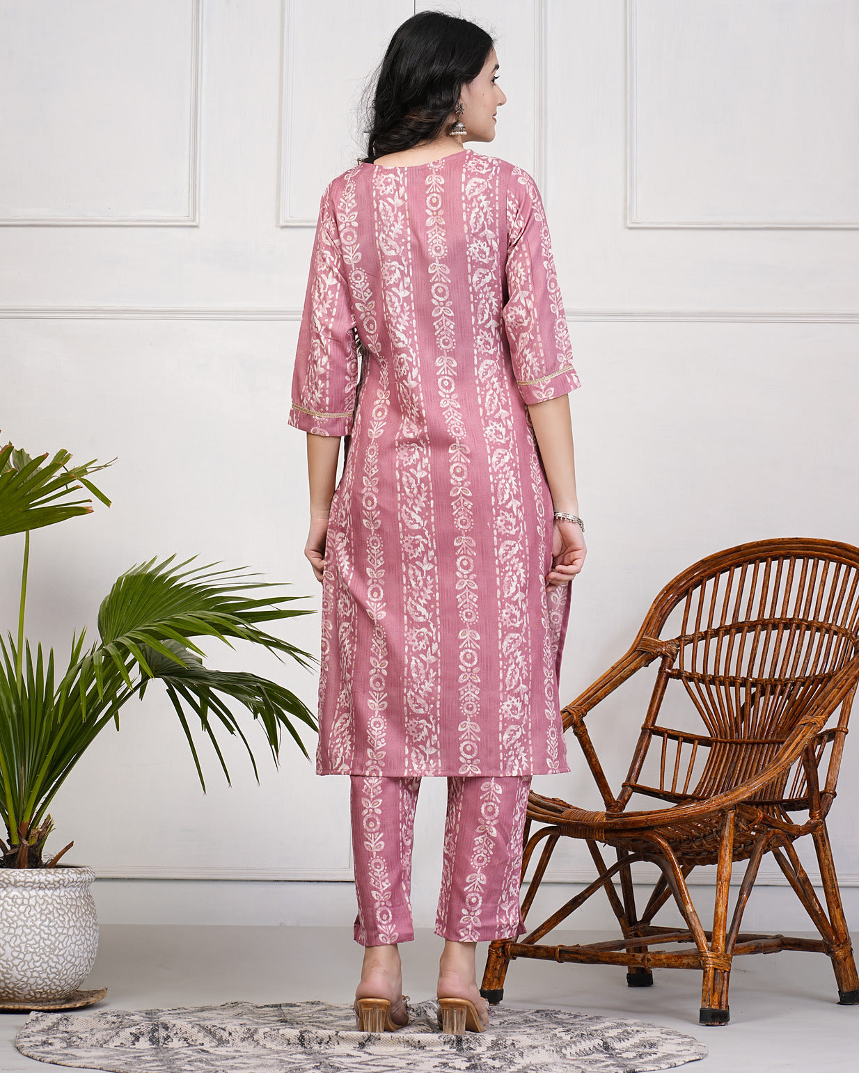 Dark Peach With Floral Printed Rayon Fabric Kurti Set