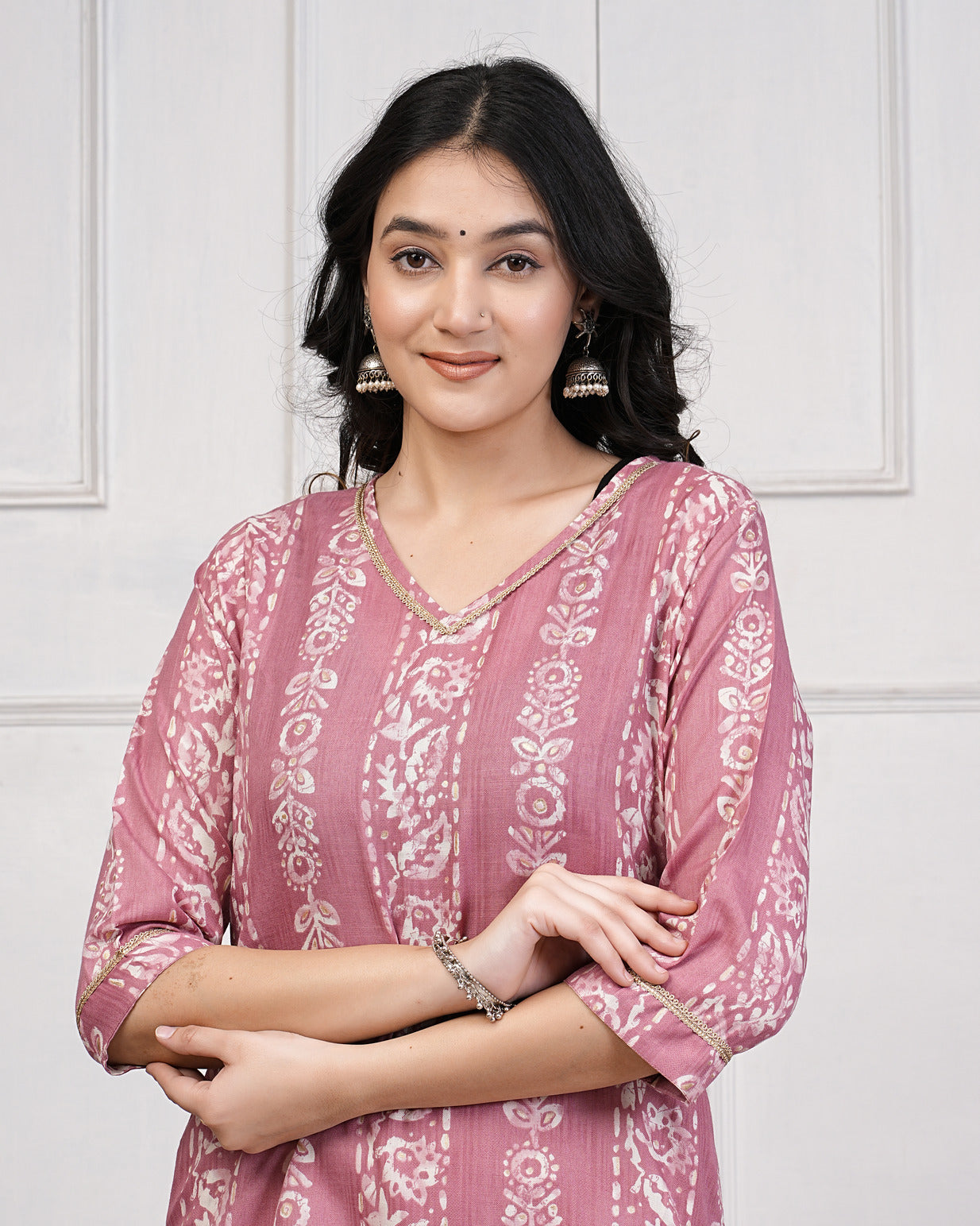 Dark Peach With Floral Printed Rayon Fabric Kurti Set