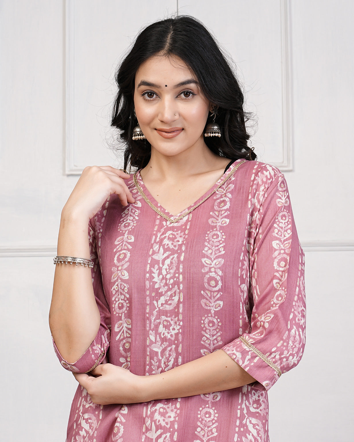 Dark Peach With Floral Printed Rayon Fabric Kurti Set