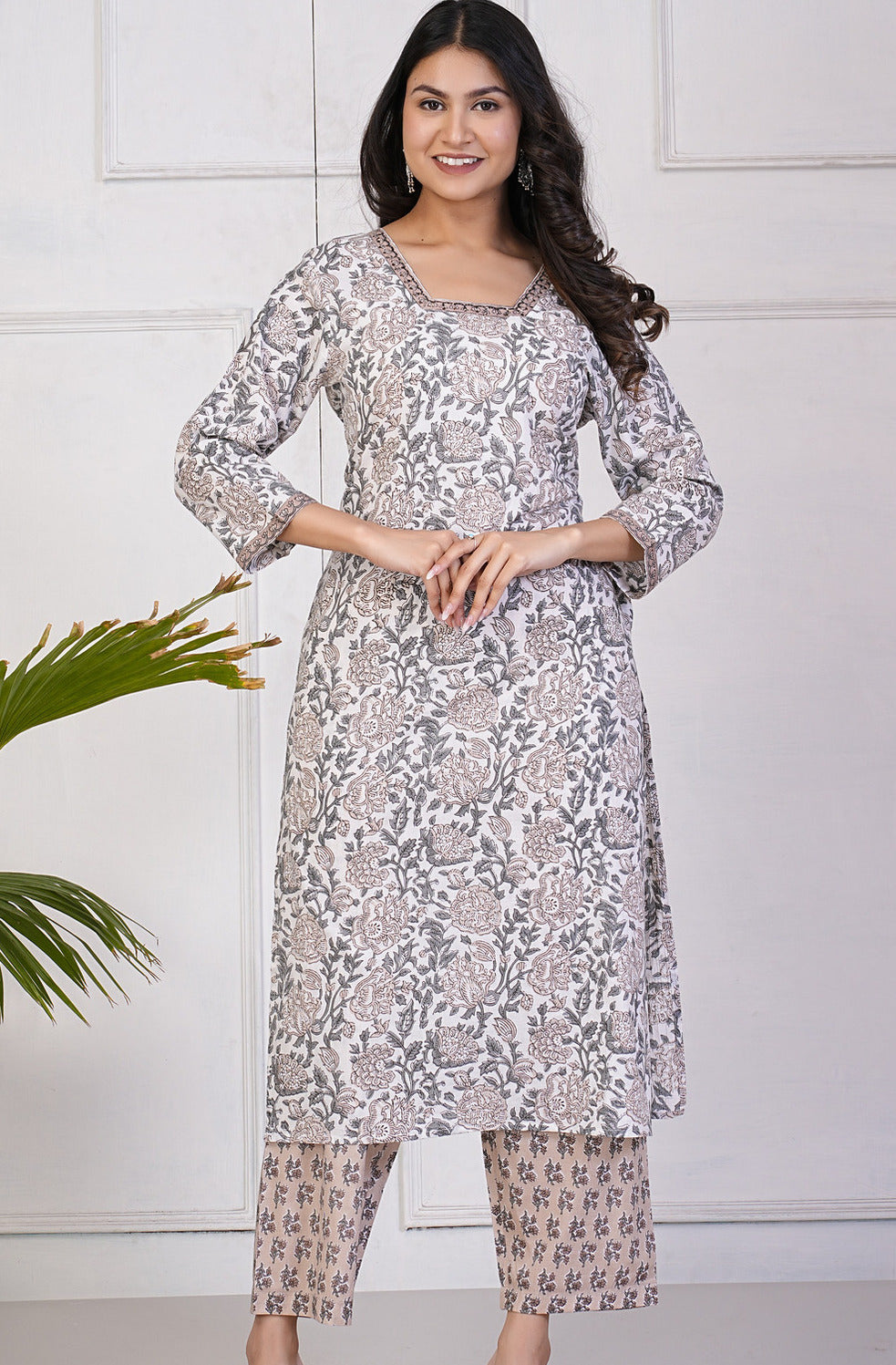 White With Beige Floral Print Cotton Kurti Set