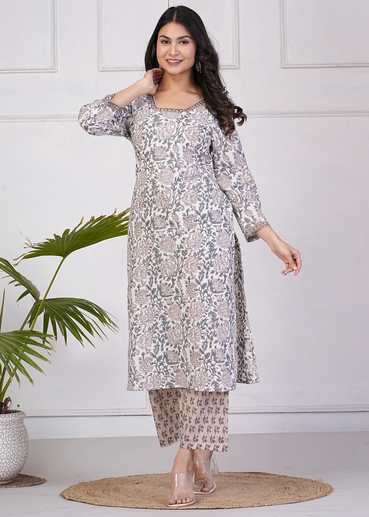 White With Beige Floral Print Cotton Kurti Set