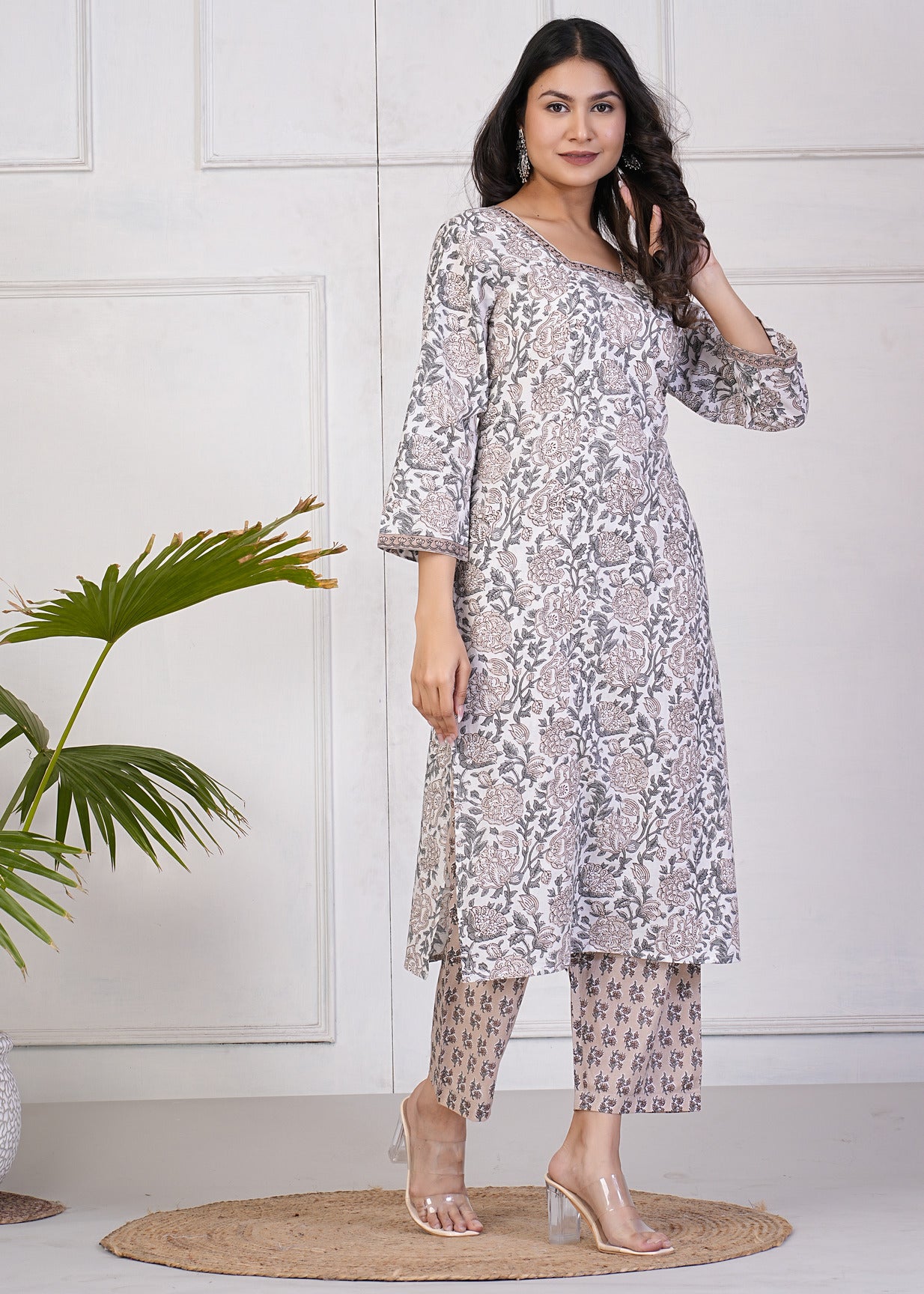 White With Beige Floral Print Cotton Kurti Set