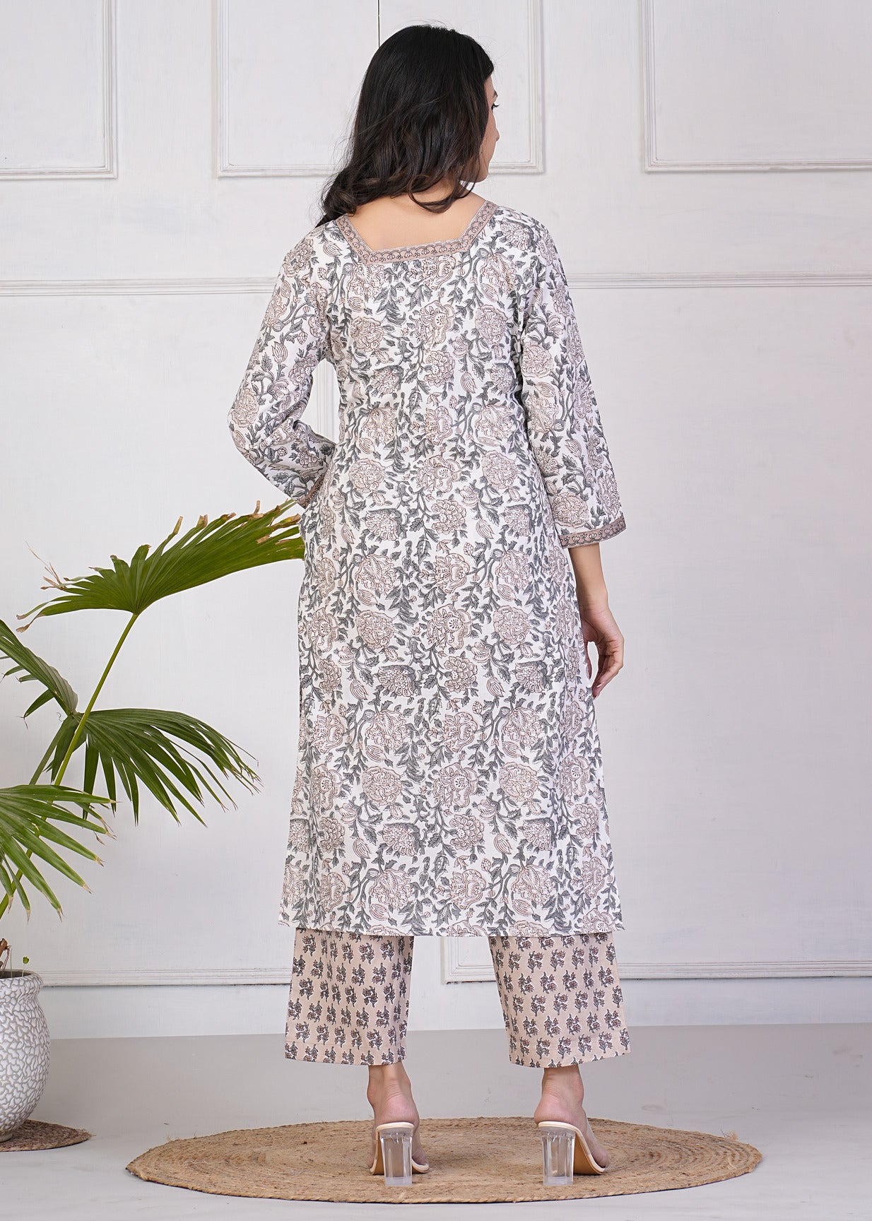 White With Beige Floral Print Cotton Kurti Set