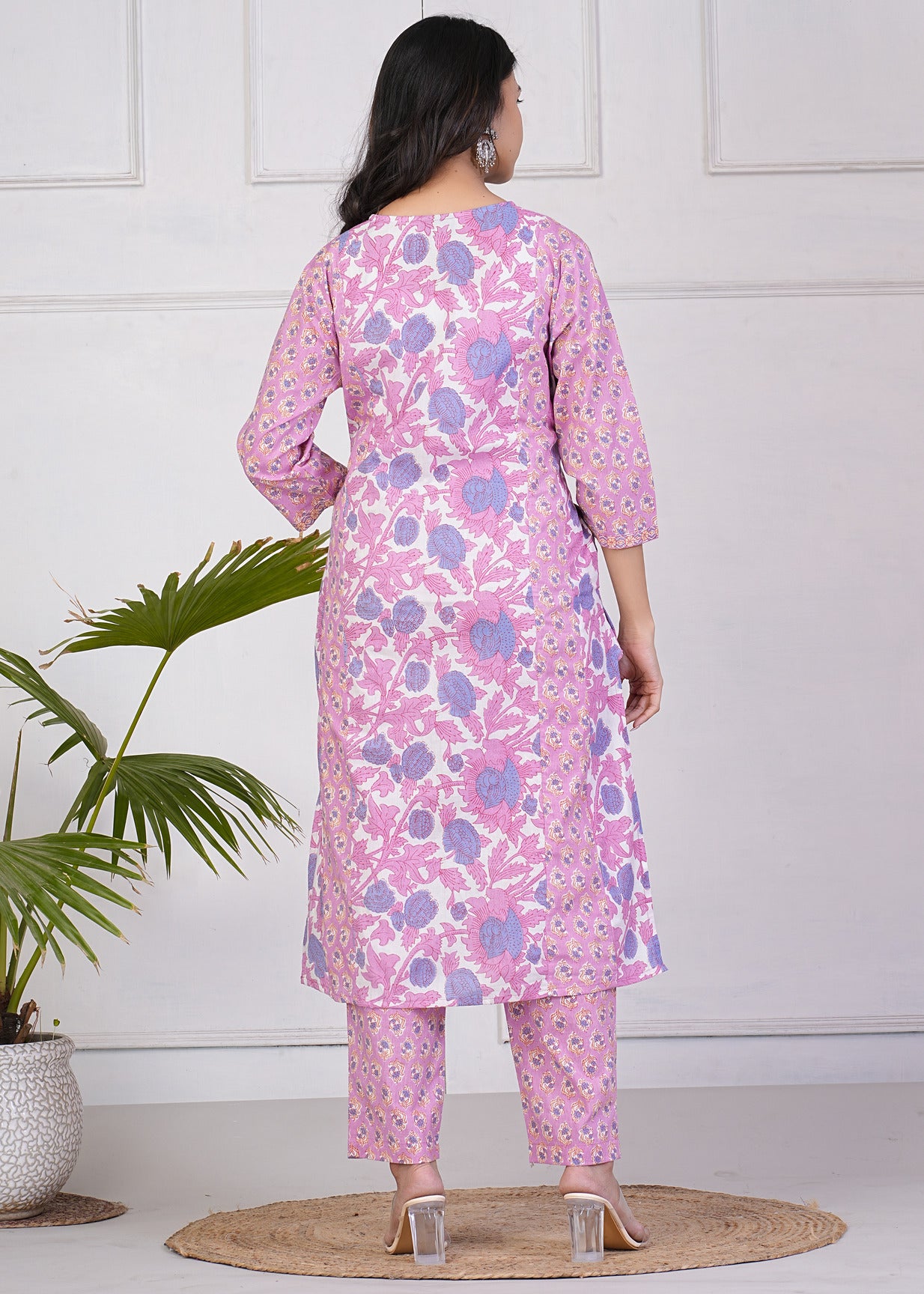 Pink With Multicolor Floral Print Cotton Kurti Set