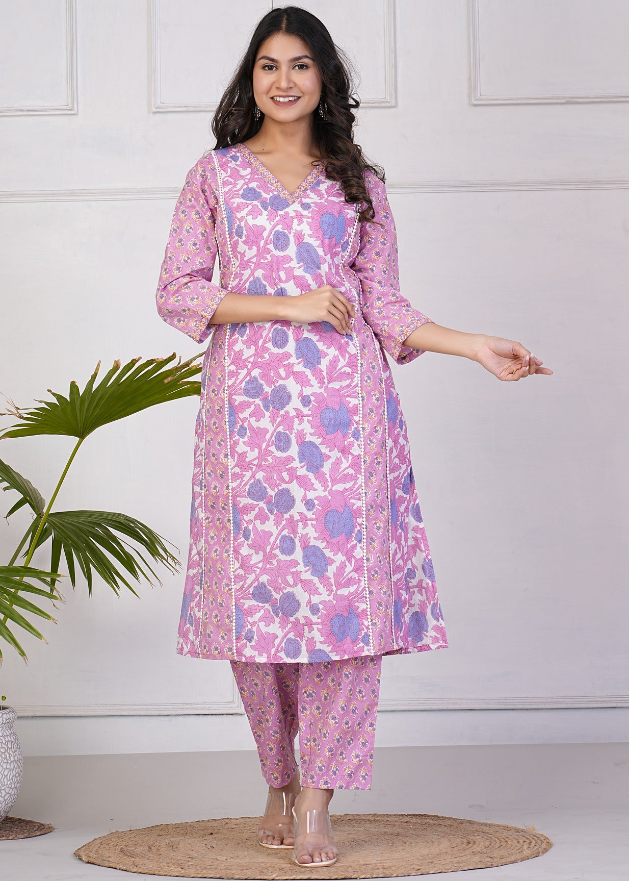 Pink With Multicolor Floral Print Cotton Kurti Set