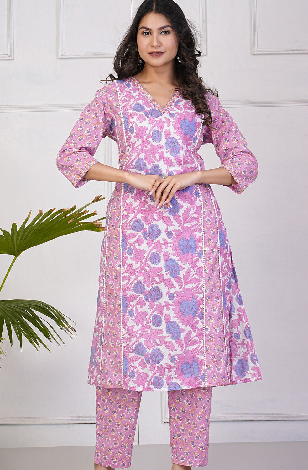 Pink With Multicolor Floral Print Cotton Kurti Set