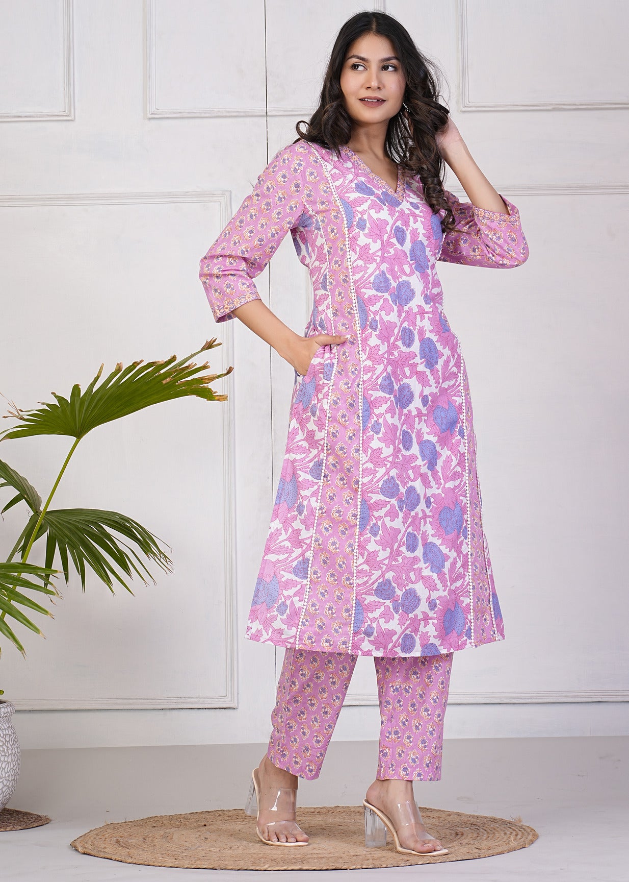 Pink With Multicolor Floral Print Cotton Kurti Set